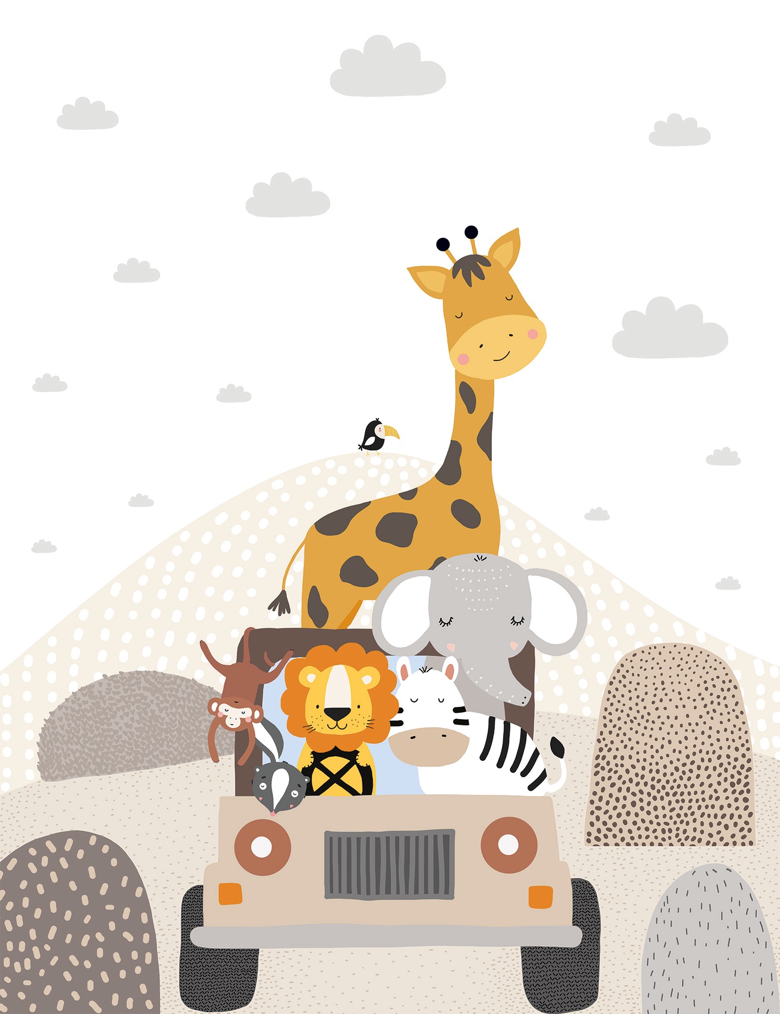Lüttenhütt Fototapete »Kinderzimmer Safari Tiere«, Auto, mit Löwe, Bär, Elefant, Affe und Zebra Beige, Creme