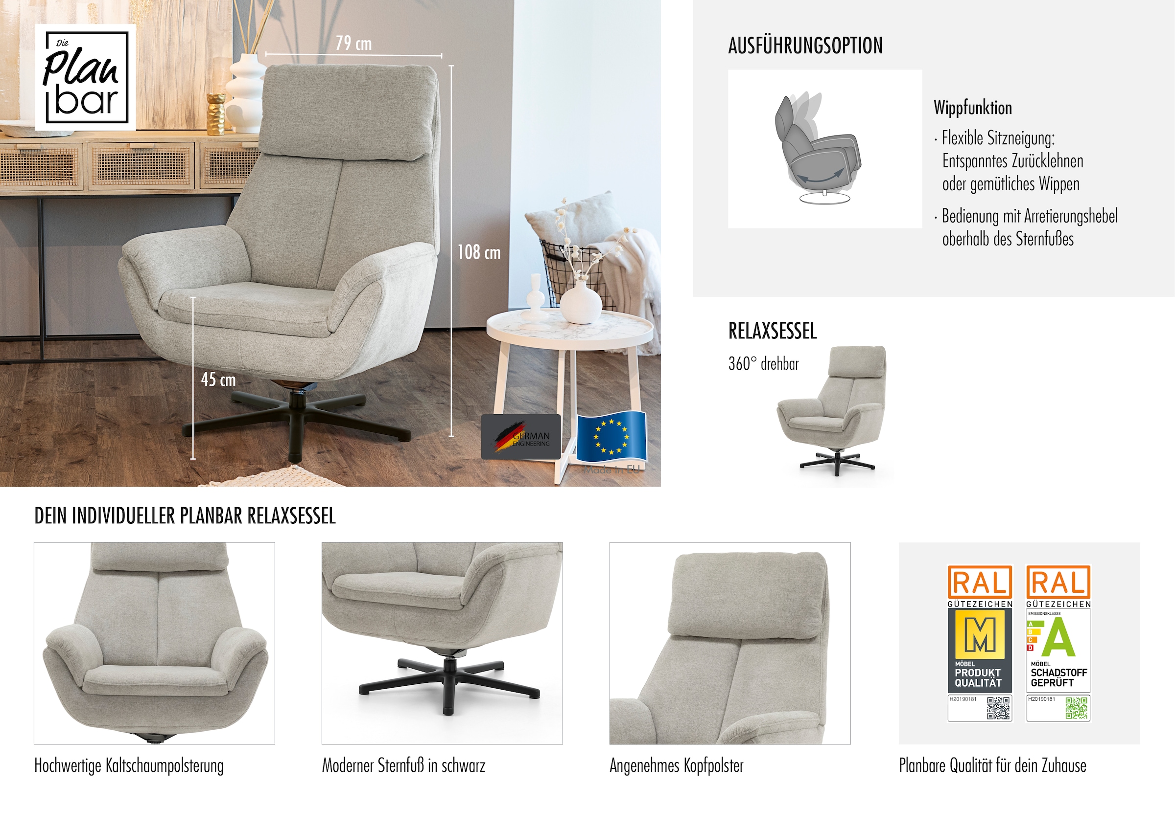Die PlanBar Relaxsessel »MP-RS20079« 360° drehbar, Wippfunktion zusätzlich wählbar, Kaltschaumpolsterung