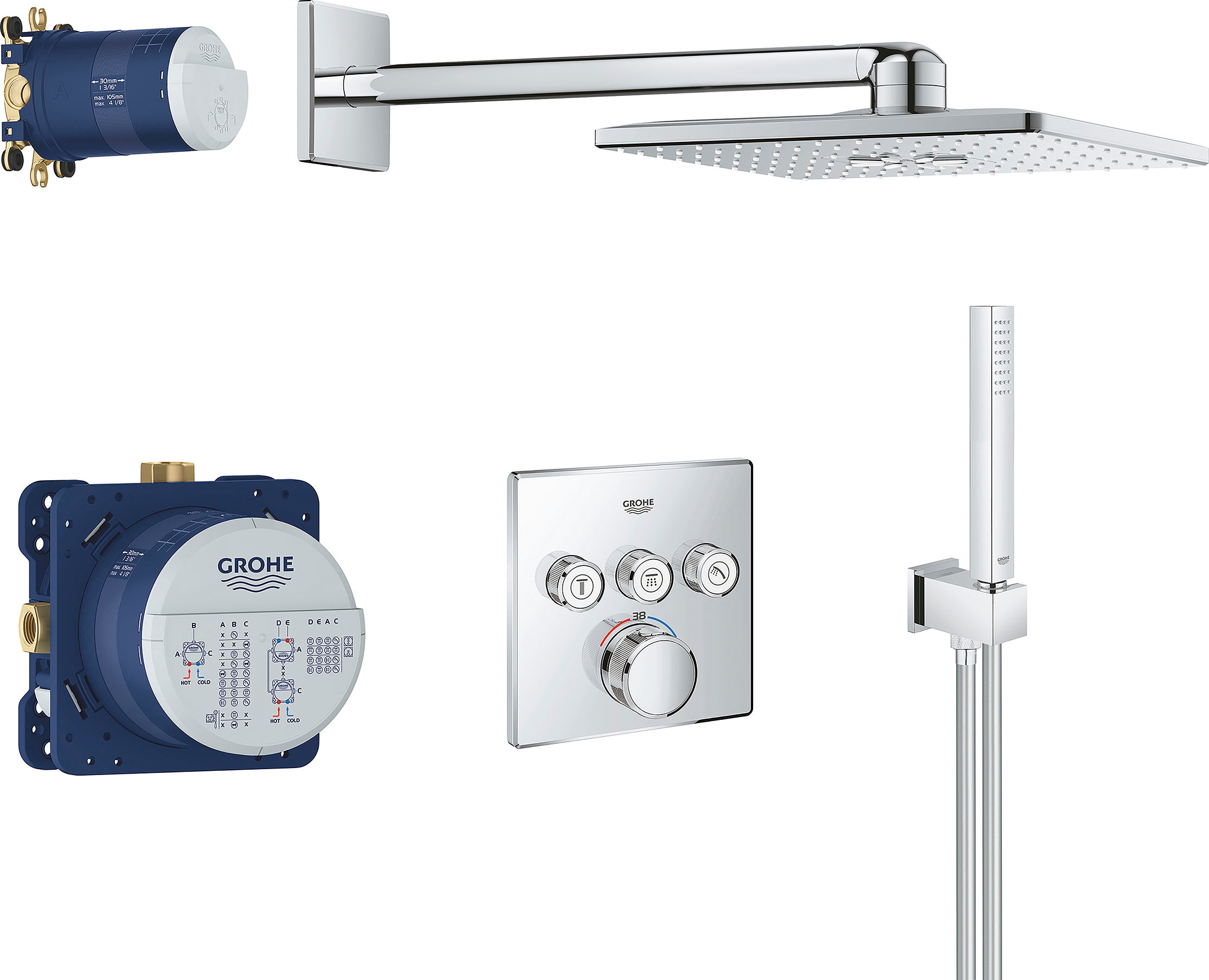 Grohe Grohtherm Concealed Thermostatic Mixer Shower with Square Wall Mounted Shower Head & Pencil Handset