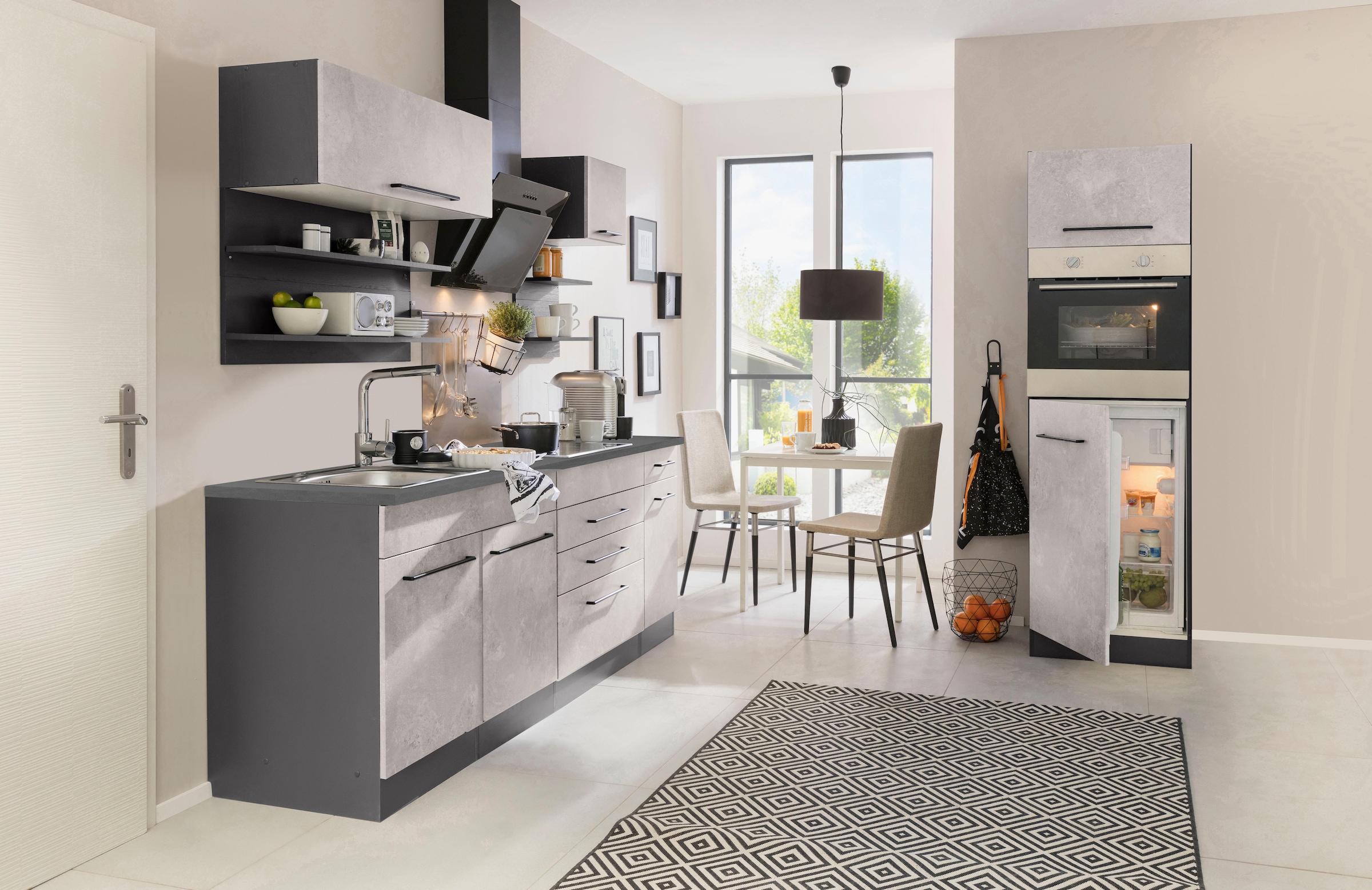 KOCHSTATION Küchenzeile »KS-Tulsa«, mit E-Geräten, Breite 290 cm, schwarze Metallgriffe, MDF Fronten