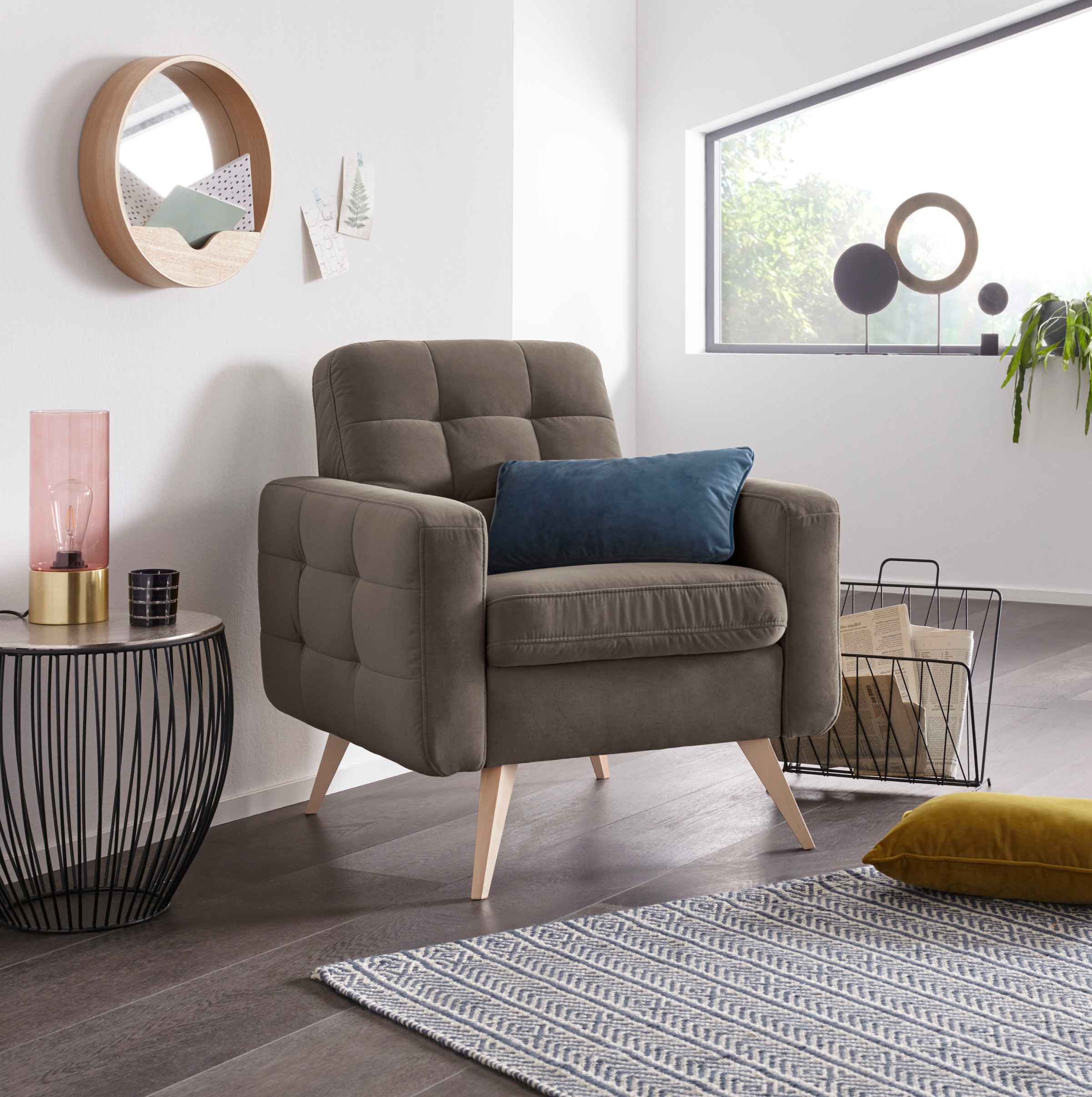 exxpo - sofa fashion Sessel »Nappa, Loungesessel, aktuelle Rückensteppung, bequem und modern«, hoher Holzfuß