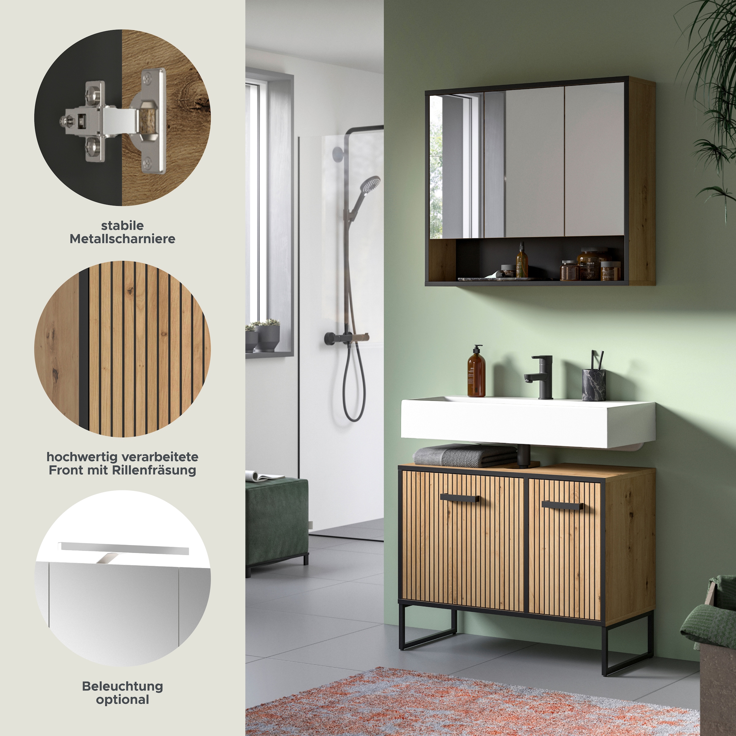 welltime Badezimmer-Set »LOCRI, 2-tlg. Badkombination, Breite 80 cm, Rillenoptik, Metallkufen« bestehend aus: Waschbeckeunterschrank & Spiegelschrank, 2 Stk. tlg.