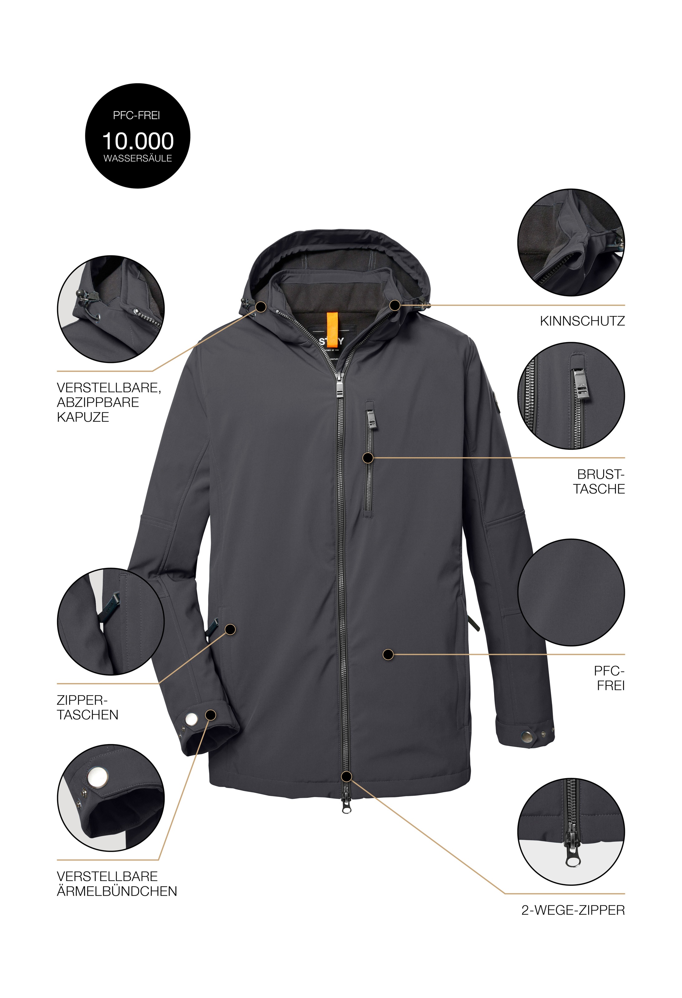 STOY Softshelljacke »STW 17 MN SFTSHLL JCKT«, Wasserabweisende, atmungsaktive Softshelljacke mit abnehmbarer Kapuze