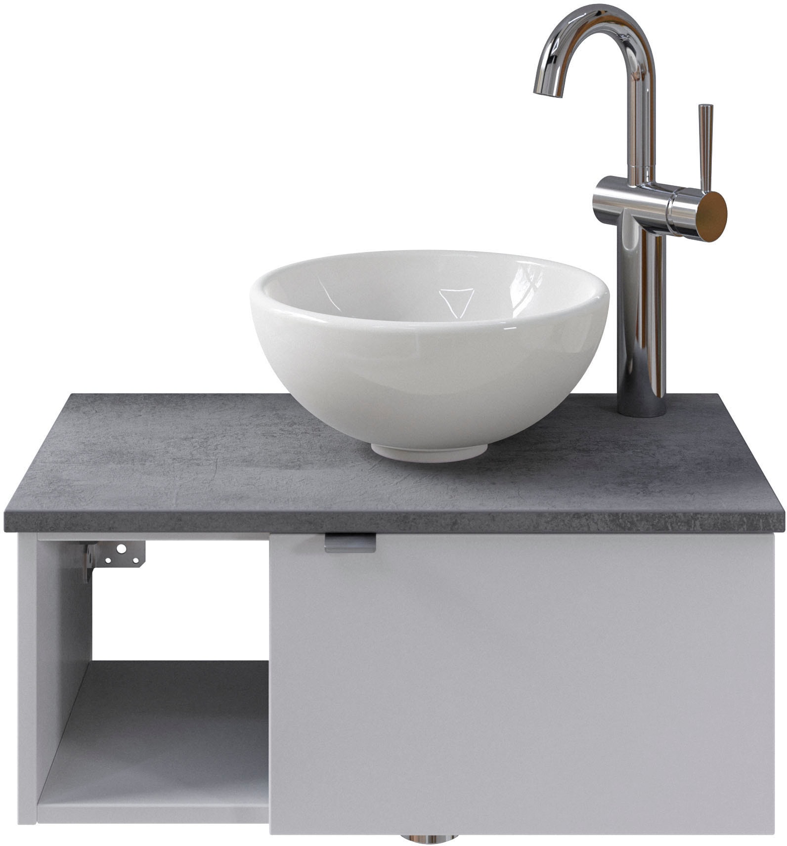 Saphir Waschtisch "Serie 6915 Waschschale mit Unterschrank für Gästebad, Gäste WC" Keramik-Aufsatzbecken, Waschtischplatte, Waschtischunterschrank, 3 Stk. tlg. 61 cm breit, 1 Tür, offenes Fach, kleine Bäder, ohne Armatur
