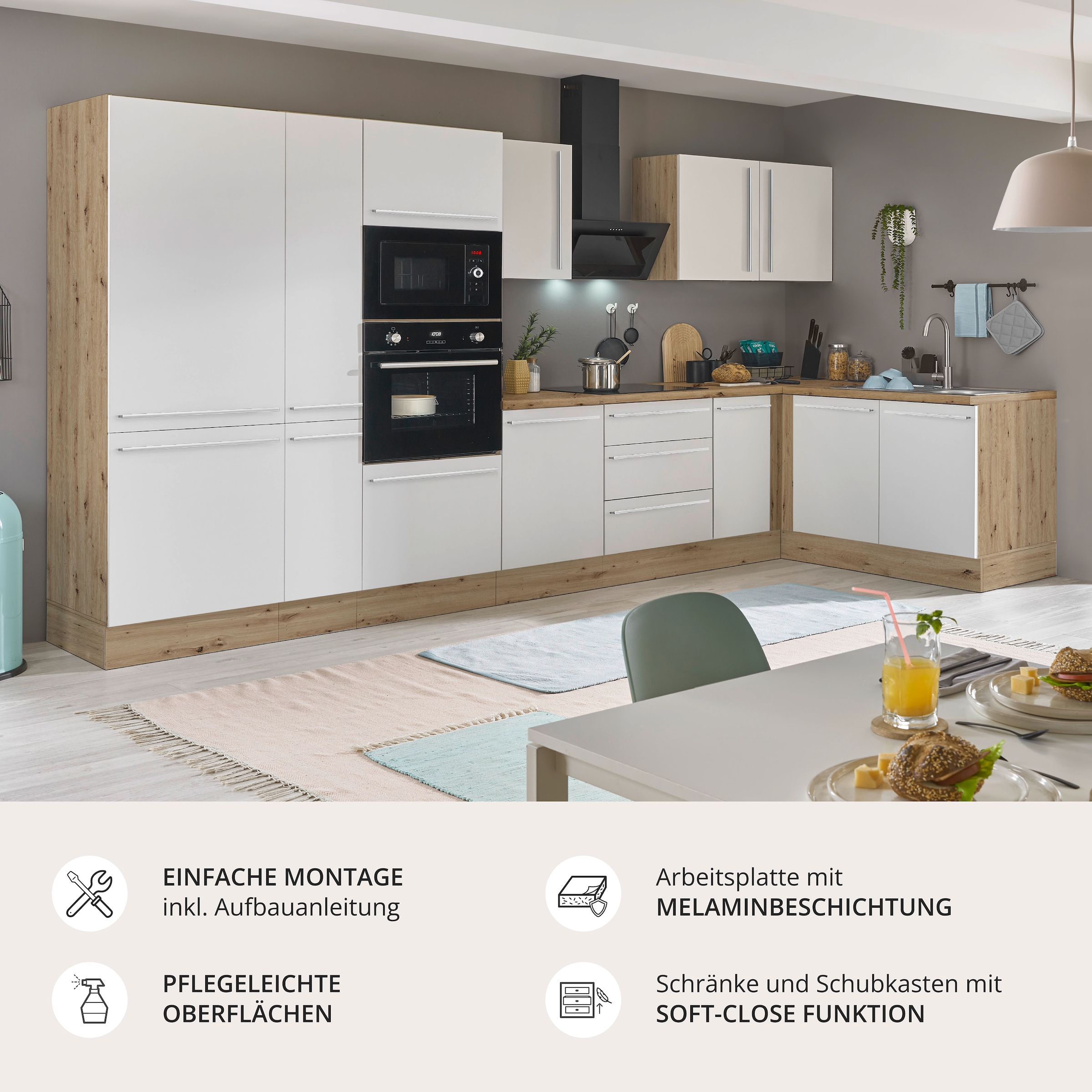 KOCHSTATION Winkelküche »Florida, Stellbreite 360x165 cm« wahlweise mit E-Geräten, mit Softclose für Türen und Schubkästen