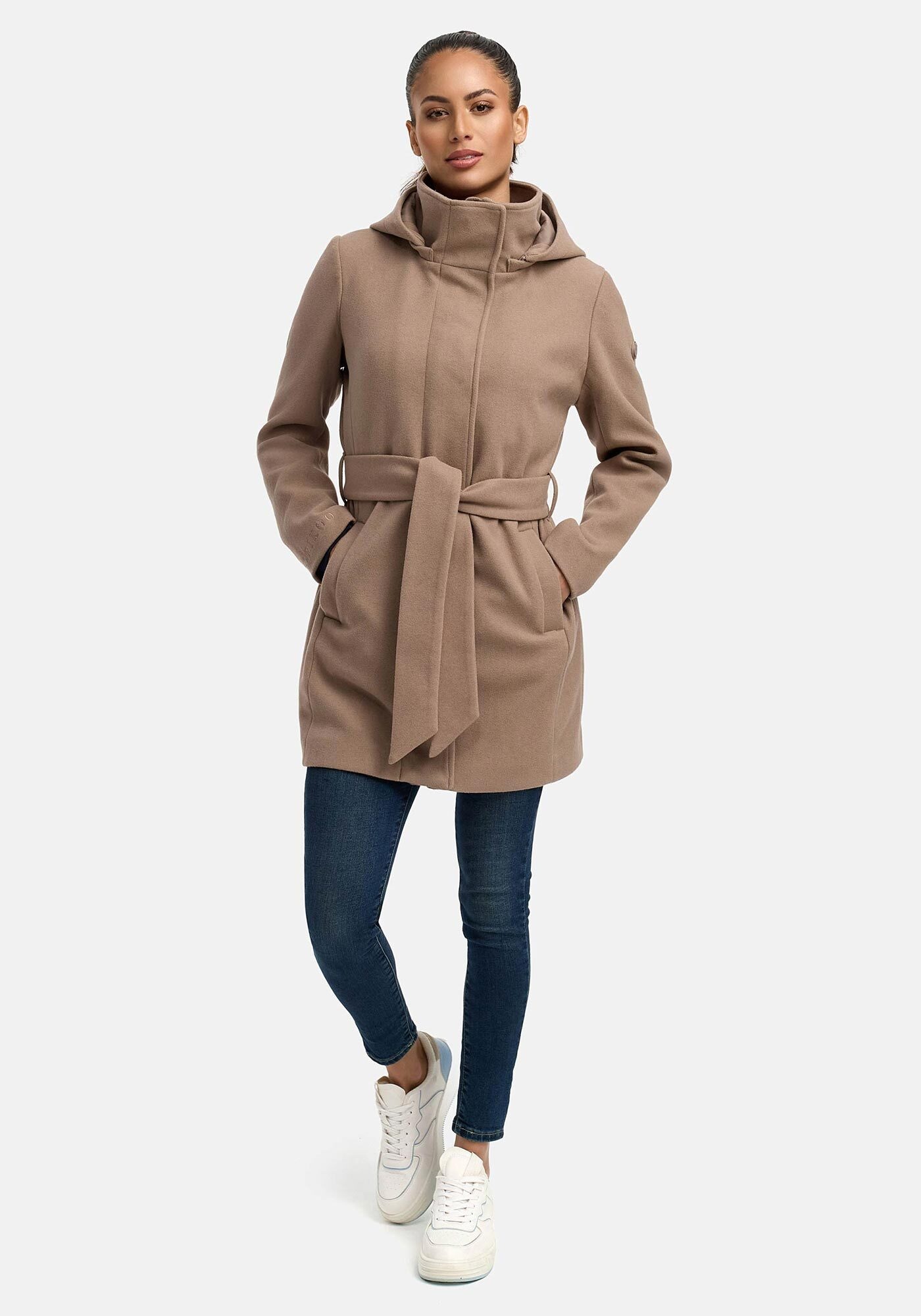 Marikoo Kurzmantel »Katalinaa«, Eleganter Wickel Mantel mit Taillengürtel und Oversized Hood Kapuze