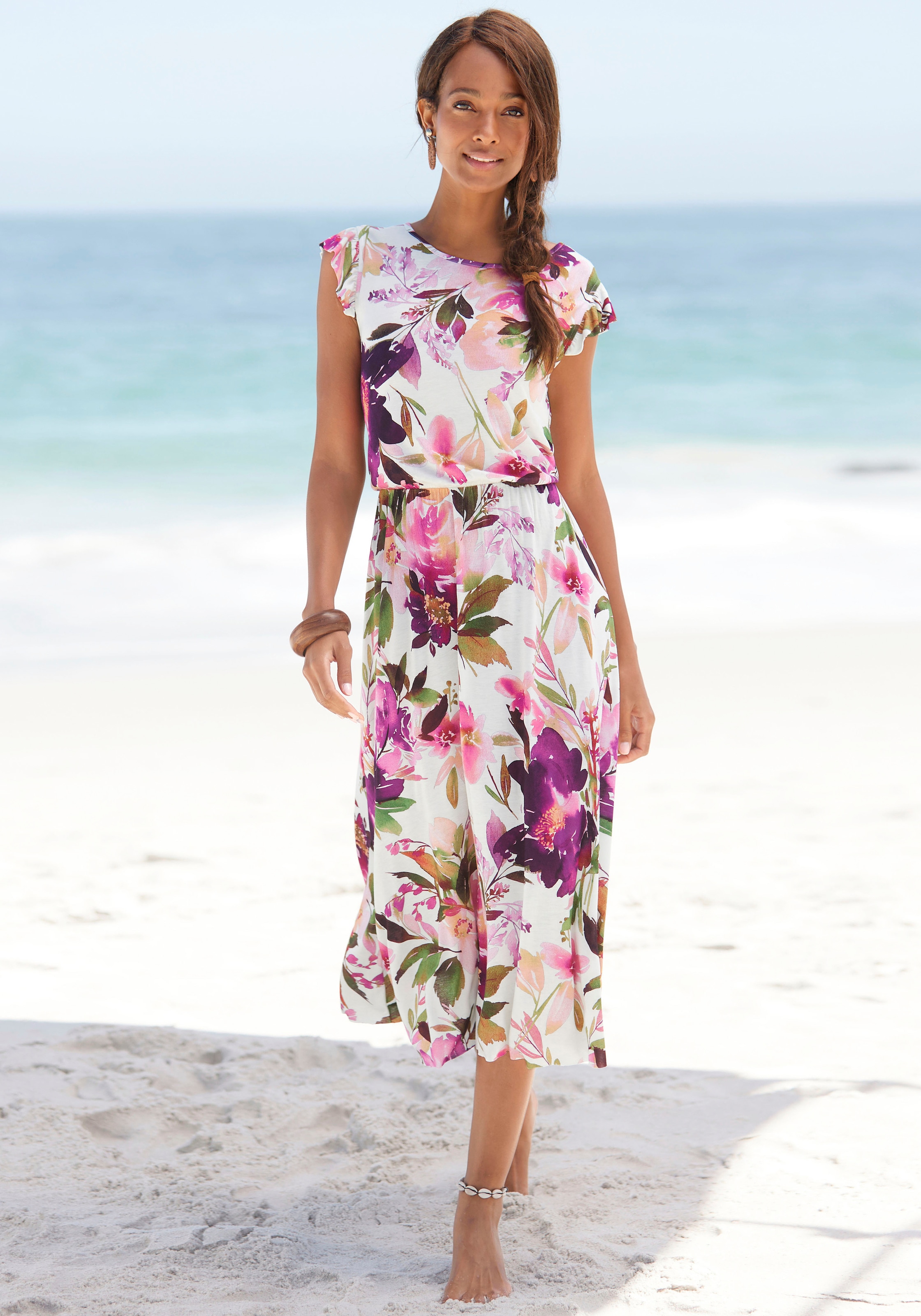 Beachtime by Lascana Jerseykleid "mit Blumendruck und Gummizug aus Viskosejersey, elegantes Midikleid" Ohne Taschen Kurzärmliges Sommerkleid, Strandkleid, Viskosekleid, Basic
