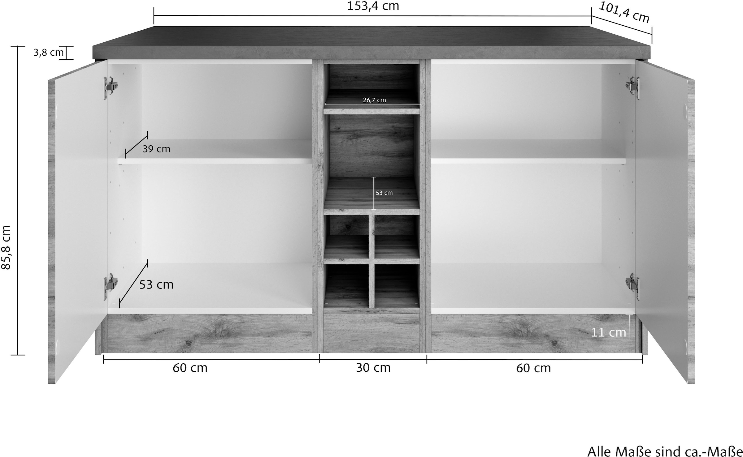KOCHSTATION Kücheninsel »KS-Lani, Breite 153 cm, mit Flaschenregal«, MDF-Fronten, Arbeitsplatte 38mm stark