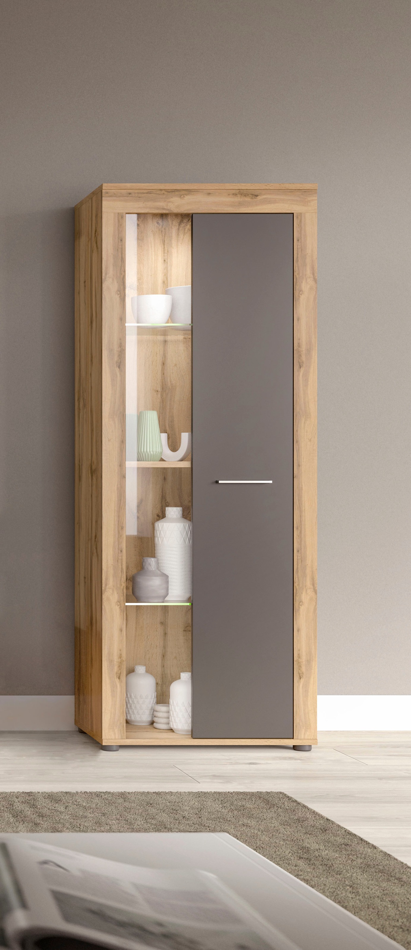 OTTO home Vitrine "AOSTA, Höhe 159 cm, 1 Tür (li/re), 2 Glasböden, 4 Fächer" in verschiedenen Farbausführungen, individuell kombinierbar, Standvitrine, Glasvitrine, Showcase, Vitrinenschrank, Wohnzimmer