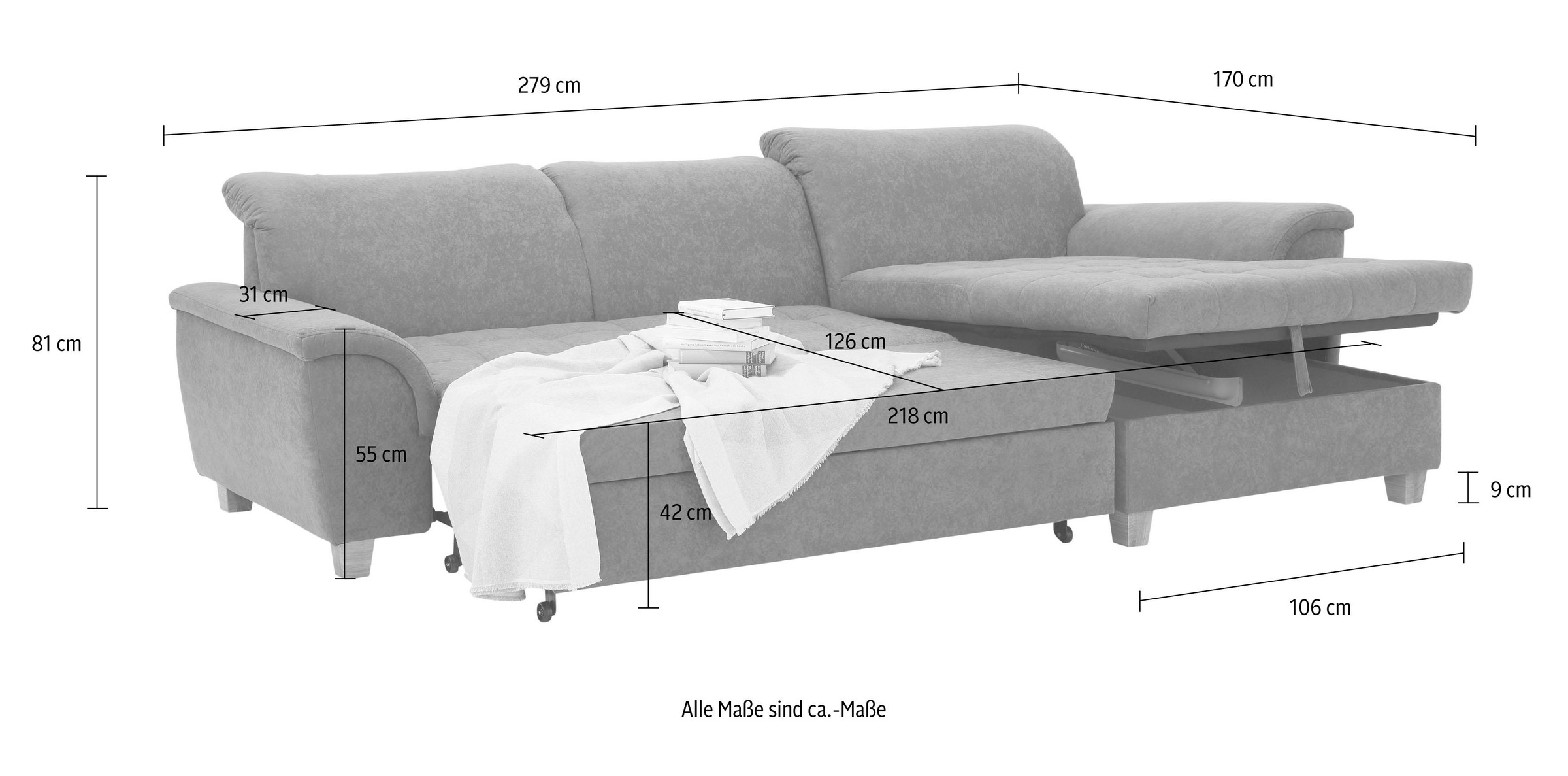 Ecksofa HOME AFFAIRE "Lyla fester Sitzkomfort, bequeme Armlehnen, Breite 279cm, L-Form", braun, B:279cm H:81cm T:170cm, Sofas, Ecksofa, mit Recamiere, wahlweise mit Rückenfunktion und zusätzlich mit Bett 8