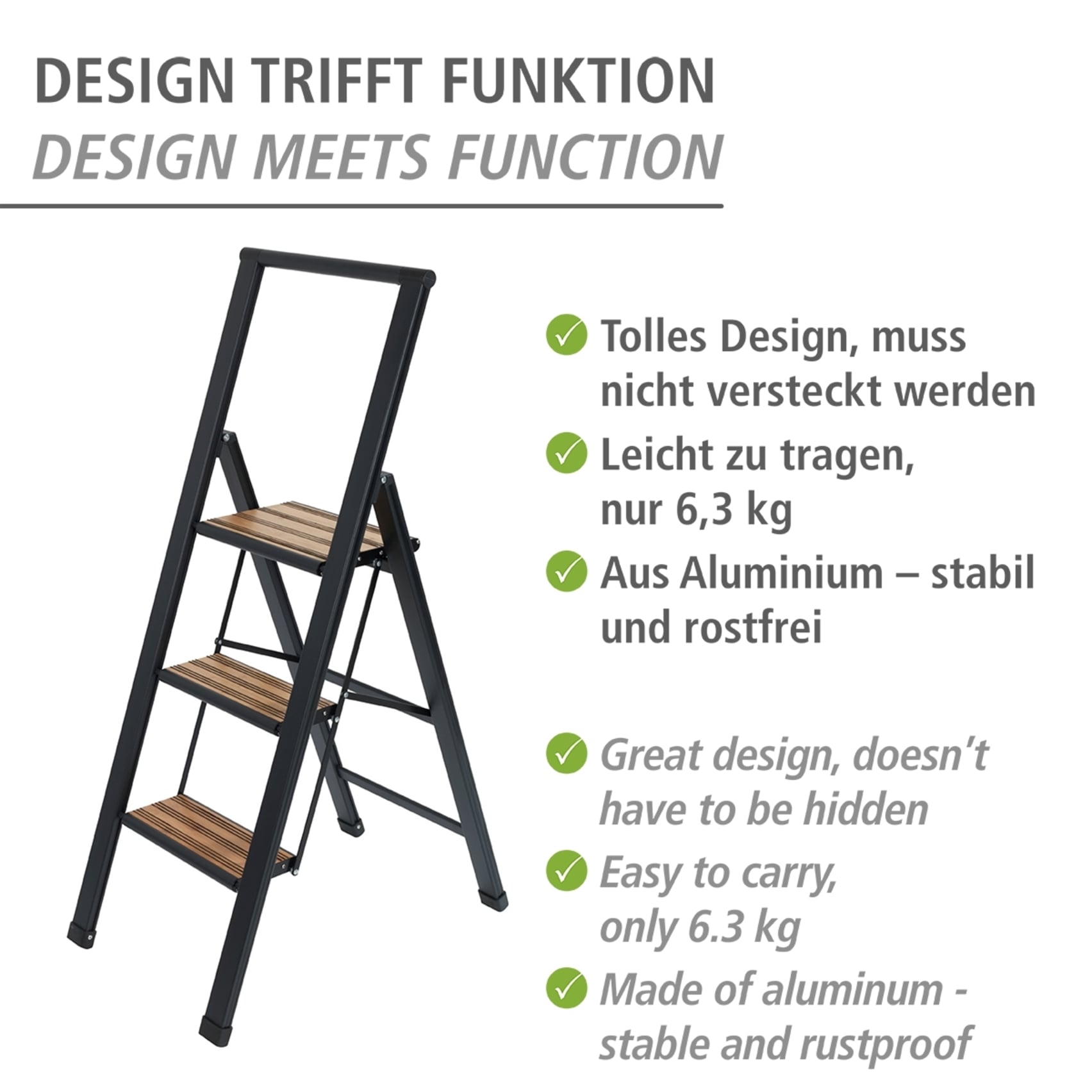 WENKO Trittleiter »Modell Alu-Design«, rutschsichere XXL-Stufen, robustes Aluminium in Kombination mit Bambus