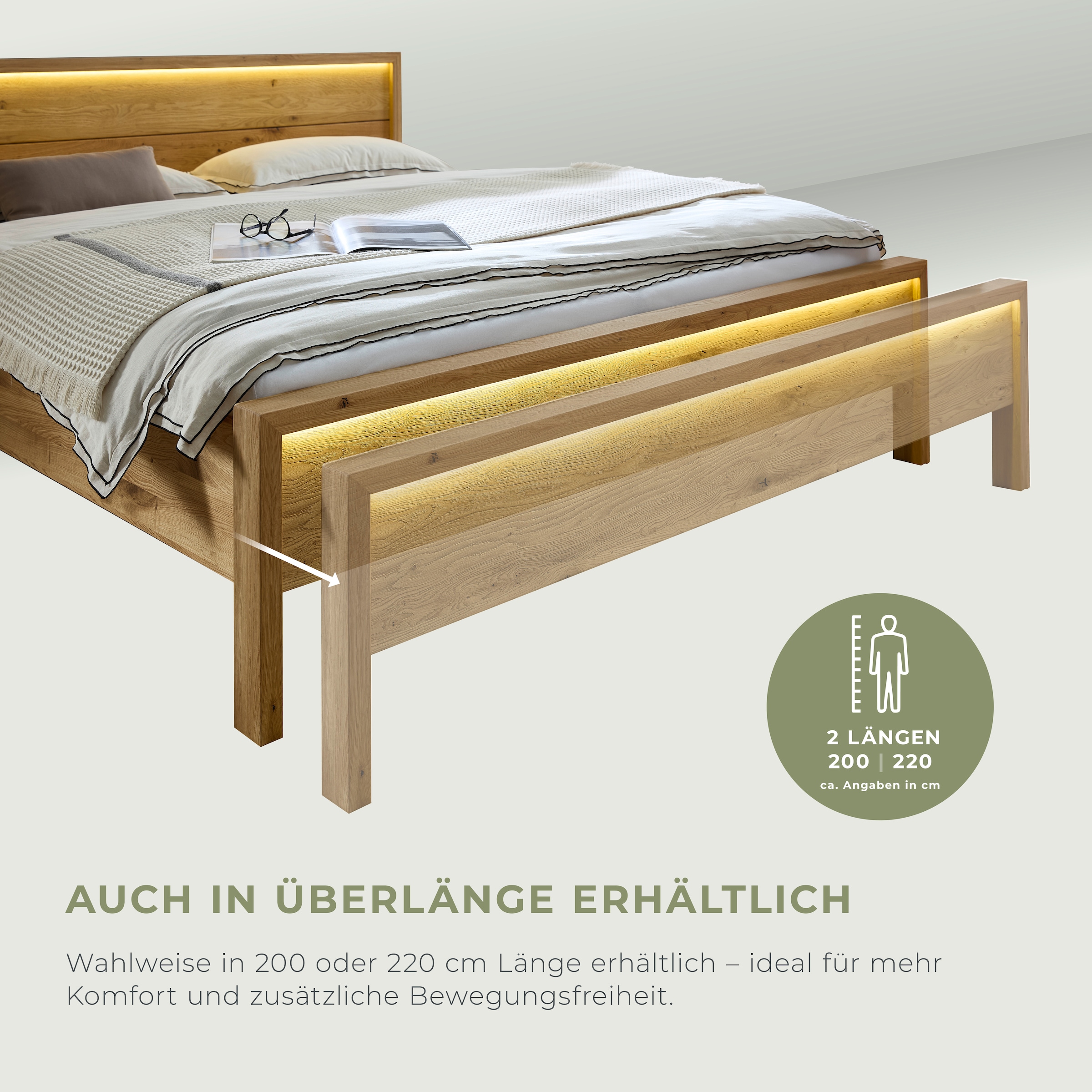 Home affaire Massivholzbett »Ambroise aus Wildeiche« inkl. LED-Beleuchtung, wahlweise auch in Überlänge erhältlich