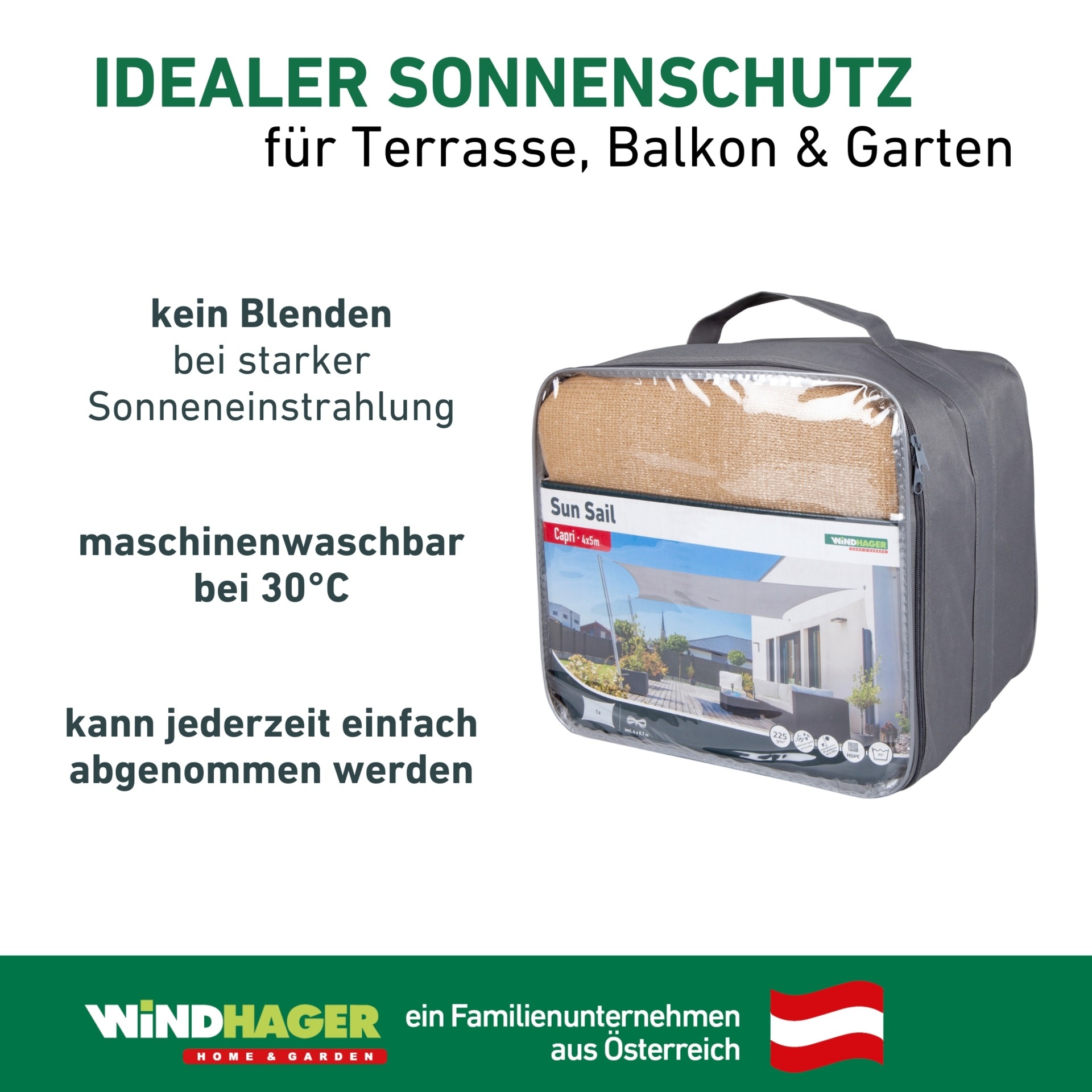 Windhager Sonnensegel »Capri, Rechteckiges Segel zur Beschattung von Garten, Terrasse, Balkon« Sonnenschutz 3 x 4 m, erhältlich in grau, champagner oder reed