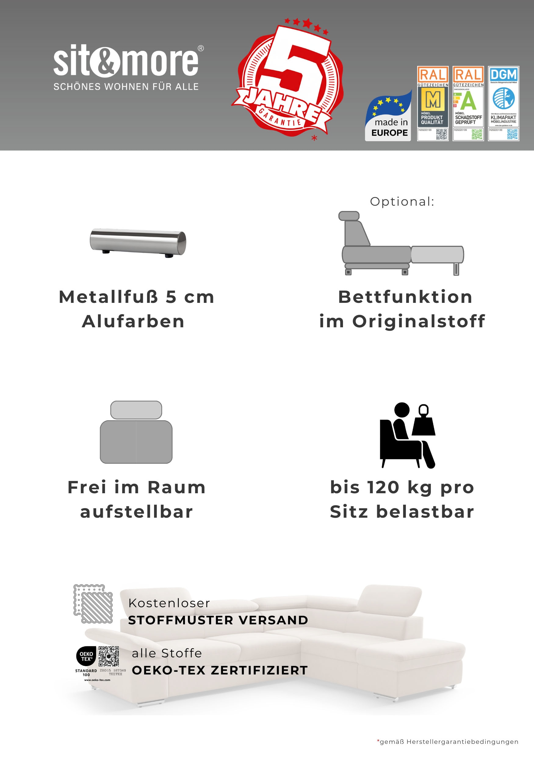 sit&more Ecksofa »Valantine L-Form, B: 272 cm« mit Arm- & Kopfteilverstellung, optional mit Bettfunktion