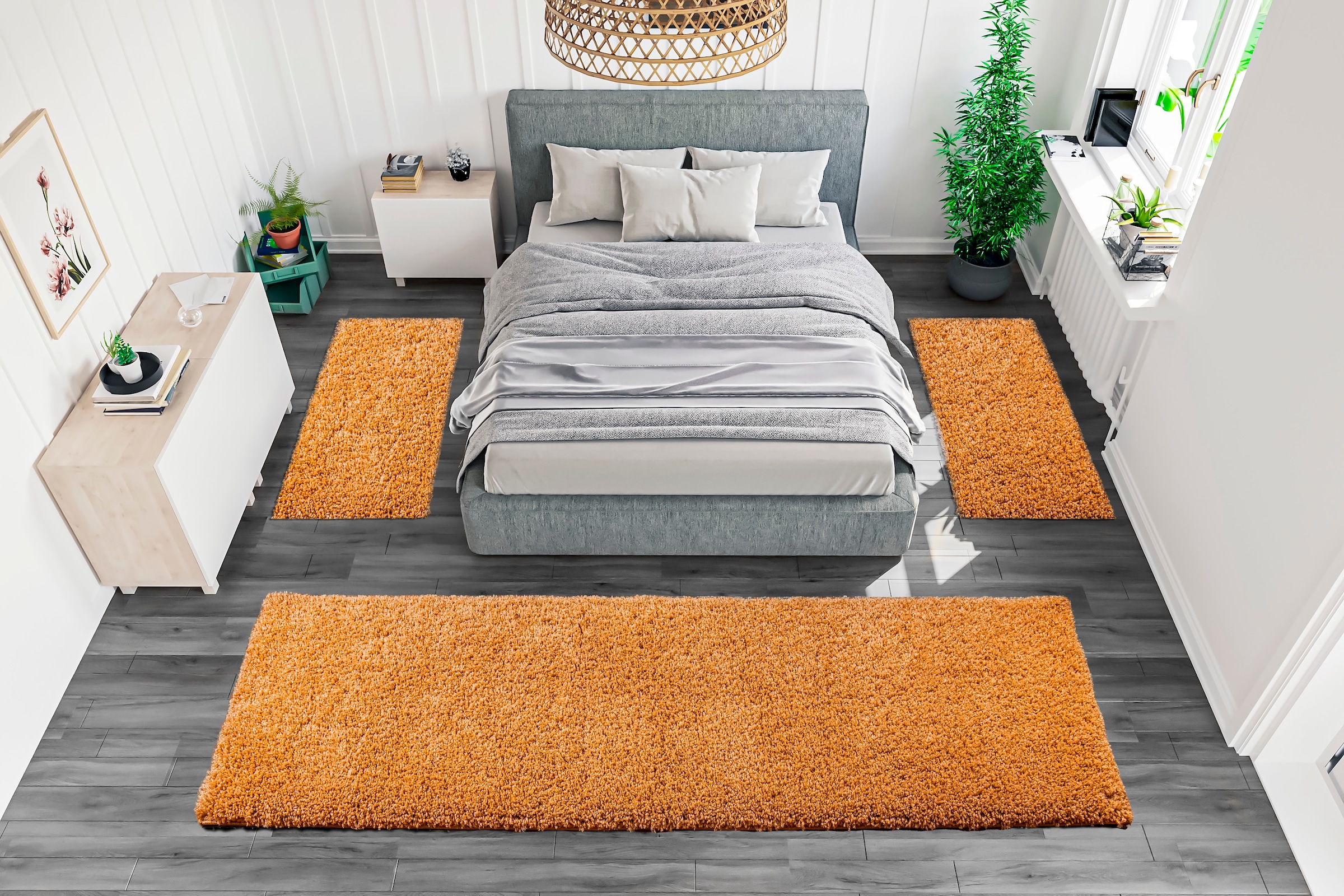 my home Bettumrandung »Shaggy 30«, (3 tlg.), gewebt, 2- oder 3-teilig, Bettvorleger, Läufer-Set, Uni-Farben