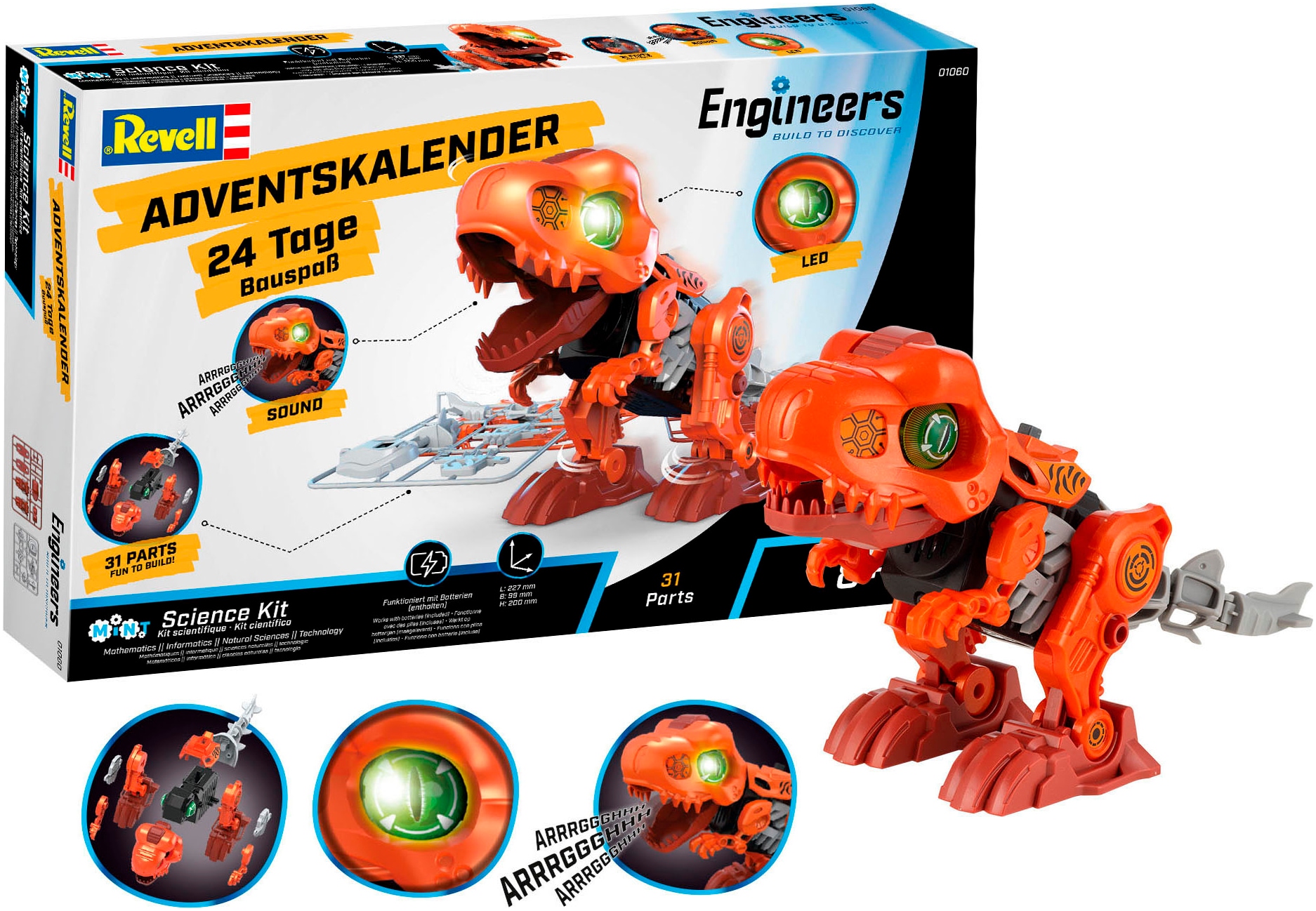 Revell® Spielzeug-Adventskalender »Engineers „Electric T.Rex“, zum Bauen, Forschen und Entdecken«, ab 8 Jahren, mit Licht und Sound