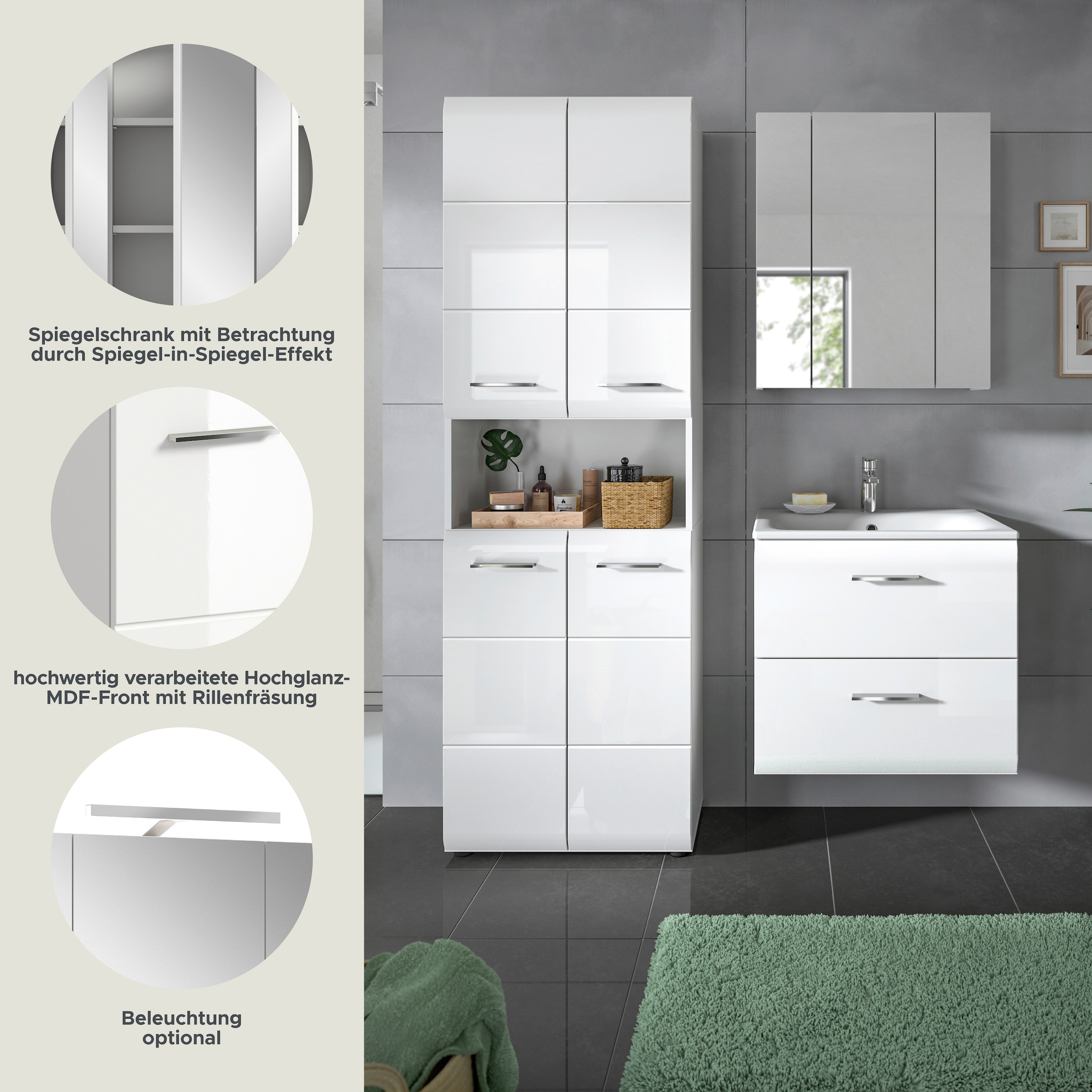 INOSIGN Badezimmer-Set, (Set, 4 St.), Florenz, Badkombination 4-tlg.,Weiß hochglanz, inkl. Waschbecken