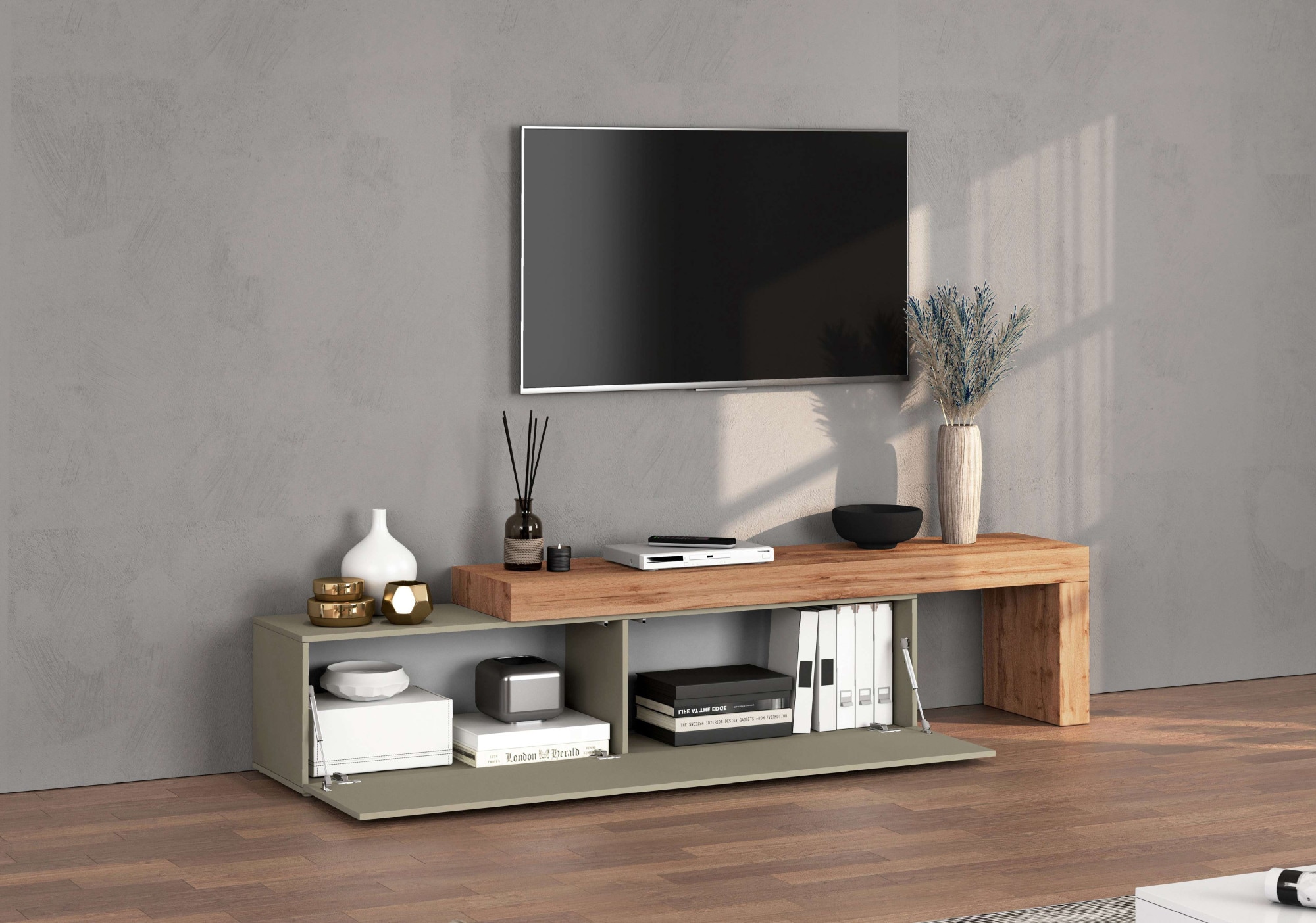 INOSIGN Lowboard »Chronos TV-Board, TV-Schrank«, (1 St., Breite verstellbar von 190 bis 350 cm), Breite 270 cm TV-Board,Lowboard,1 Klappe und ein L-Förmiger Aufsatz