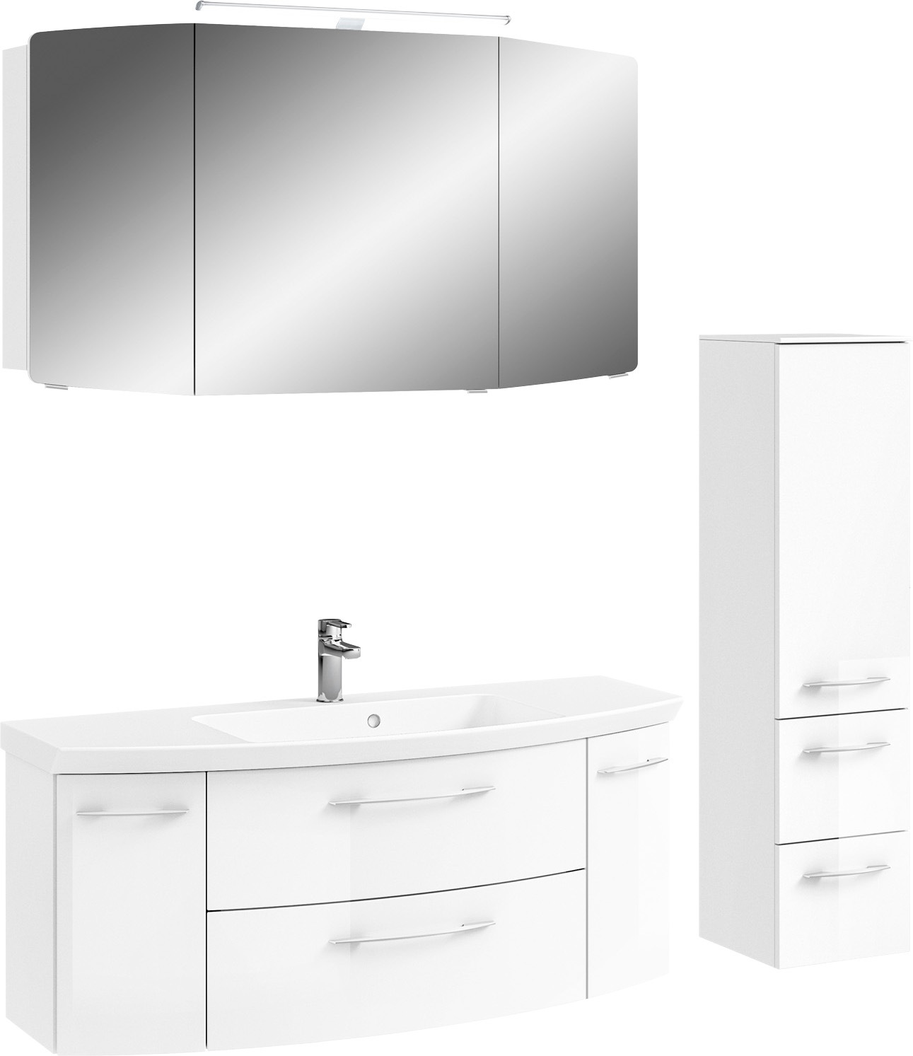 Saphir Badmöbel-Set »Cassca Sprint 3-teilig Mineralmarmor-Waschtisch mit LED-Spiegelschrank«, (4 St.), mit Midischrank, inkl. Türdämpfer, 6 Türen, 4 Türen