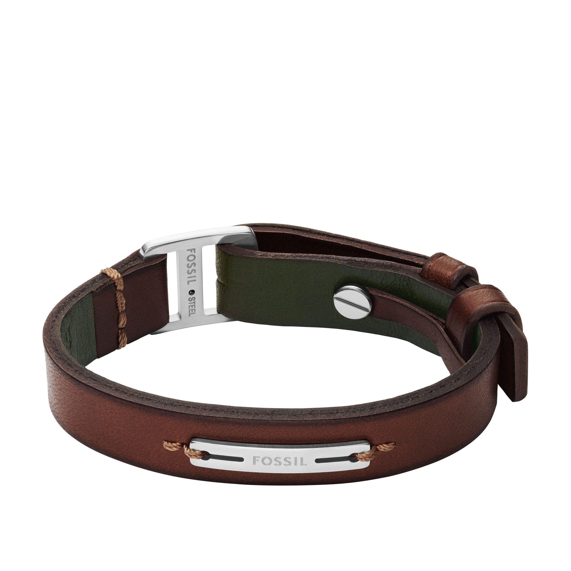 Lederarmband FOSSIL "Schmuck Geschenk Edelstahl, Leder MACHINE", edelstahlfarben, braun, Armbänder, Herren, 31,4cm, Edelstahl Leder, Edelstahl, Leder, Lederarmband 2
