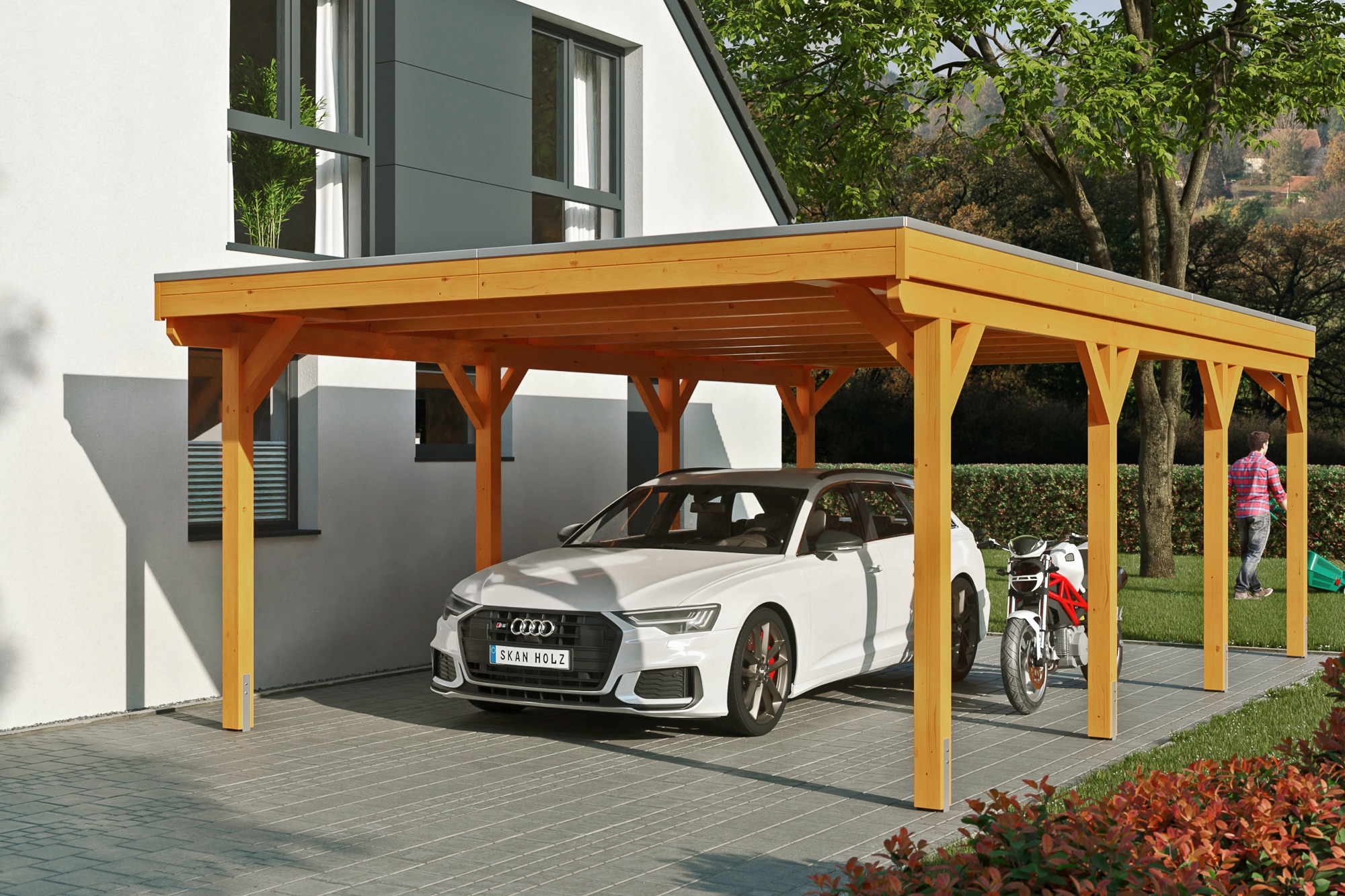 Skanholz Einzelcarport "Grunewald" Leimholz hellbraun mit Aluminiumdach