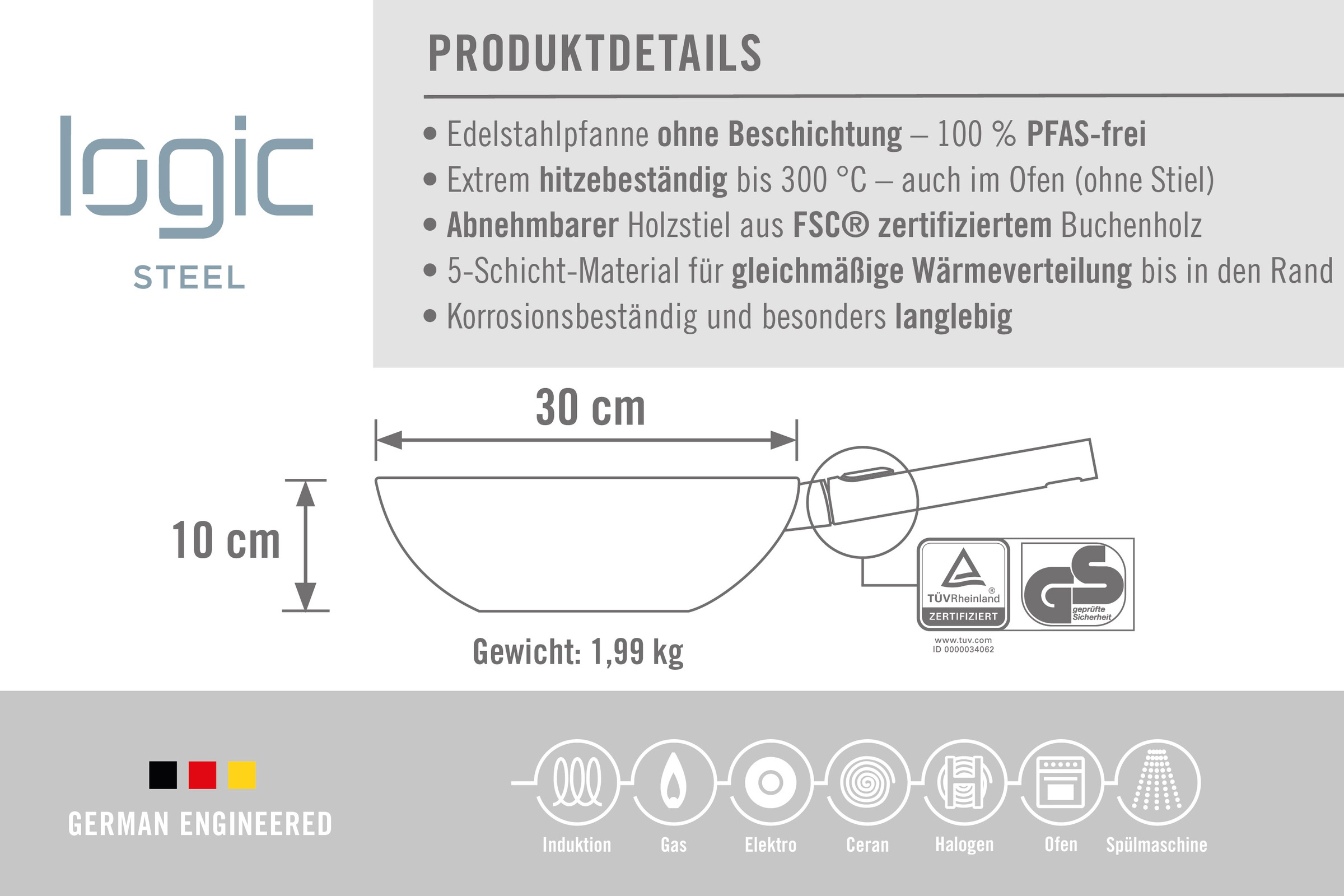 WOLL Wok »Logic Steel« Edelstahl 18/10 1 Stk. tlg. 5-Schicht-Aufbau