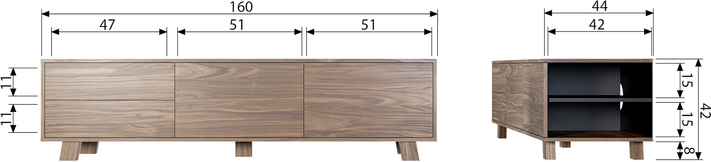 WOOOD Lowboard »Seppe TV-Kommode«, Walnussfurnier mit deutlich sichtbarer Maserung, H 42 cm x B 160 cm