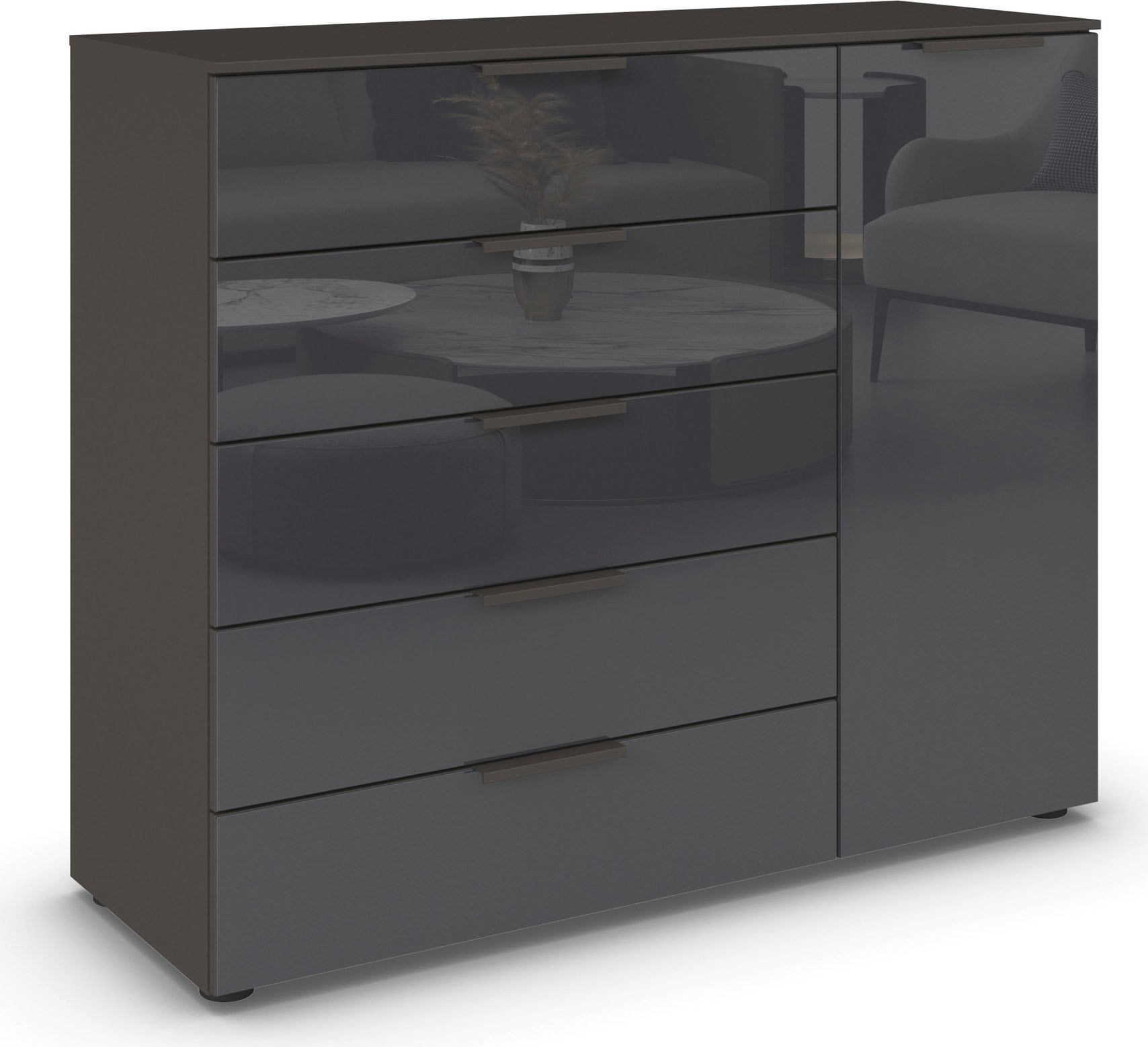 rauch Schubkastenkommode "Kommode Türkommode Sideboard Kombikommode FLIPP mit Glasfront" Breite 120 cm mit 2 Einlegeböden, 1-türig mit 5 Schubladen und Soft-Close-Funktion sowie Glasfront