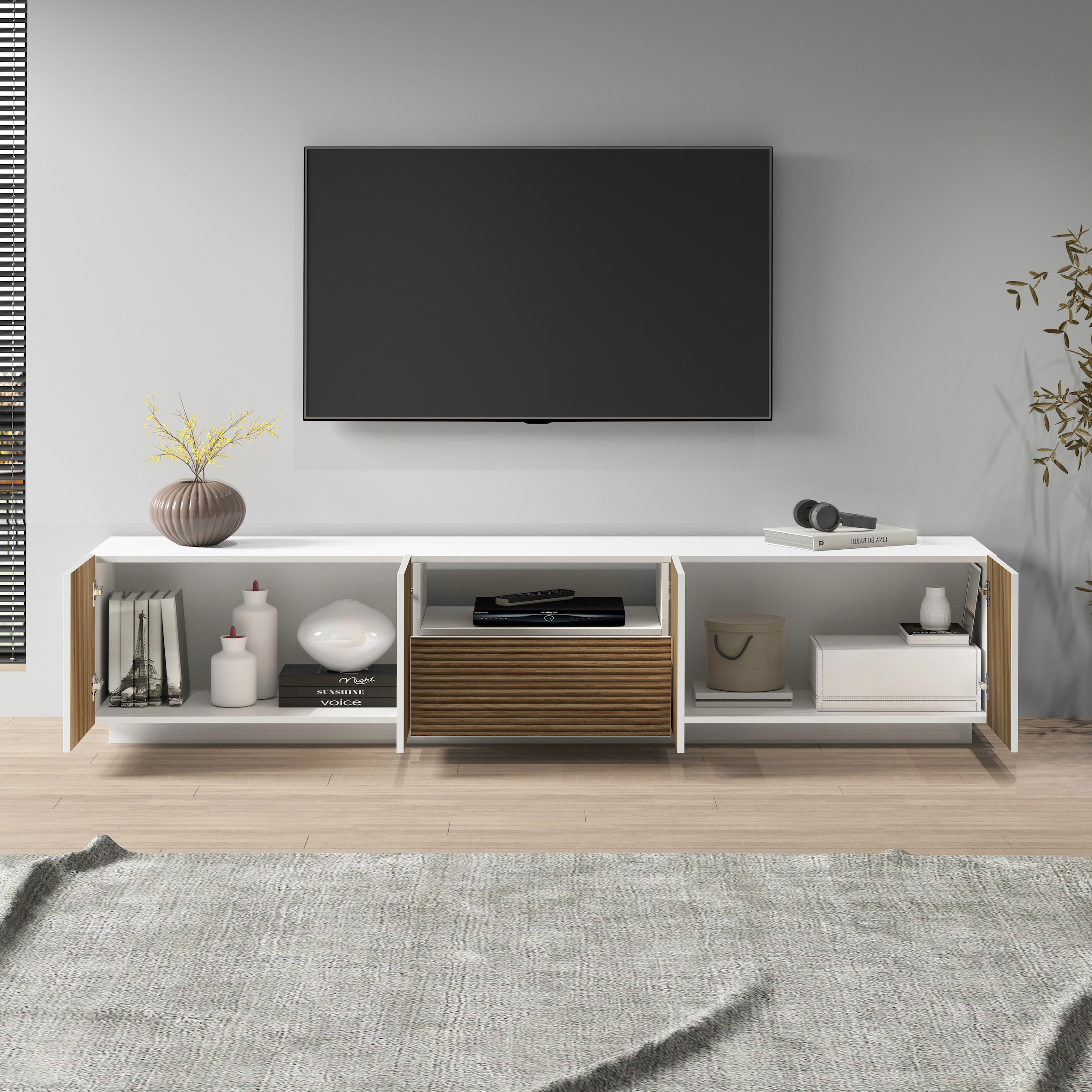 INOSIGN Lowboard »Vega,Lowboard,TV Board,TV Schrank,220 cm«, mit 4 Türen und 1 Schublade,Fronten mit Rillen-Optik