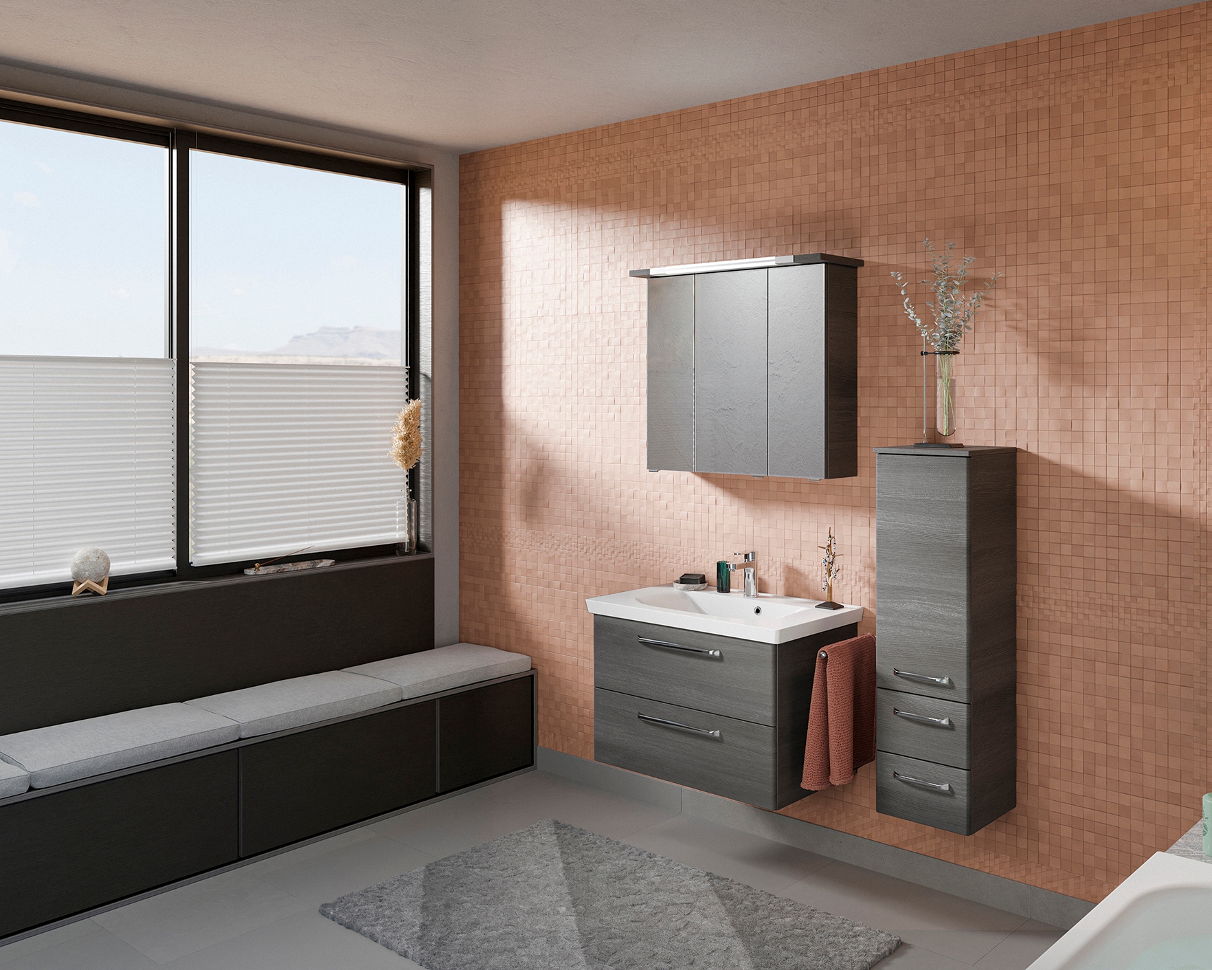 Saphir Badmöbel-Set »Badmöbel-Set Trentino 3-tlg Mineralmarmorwaschtisch,LED-Spiegelschrank«, (4 St.), Badezimmer-Set mit Midischrank inkl. Türdämpfer