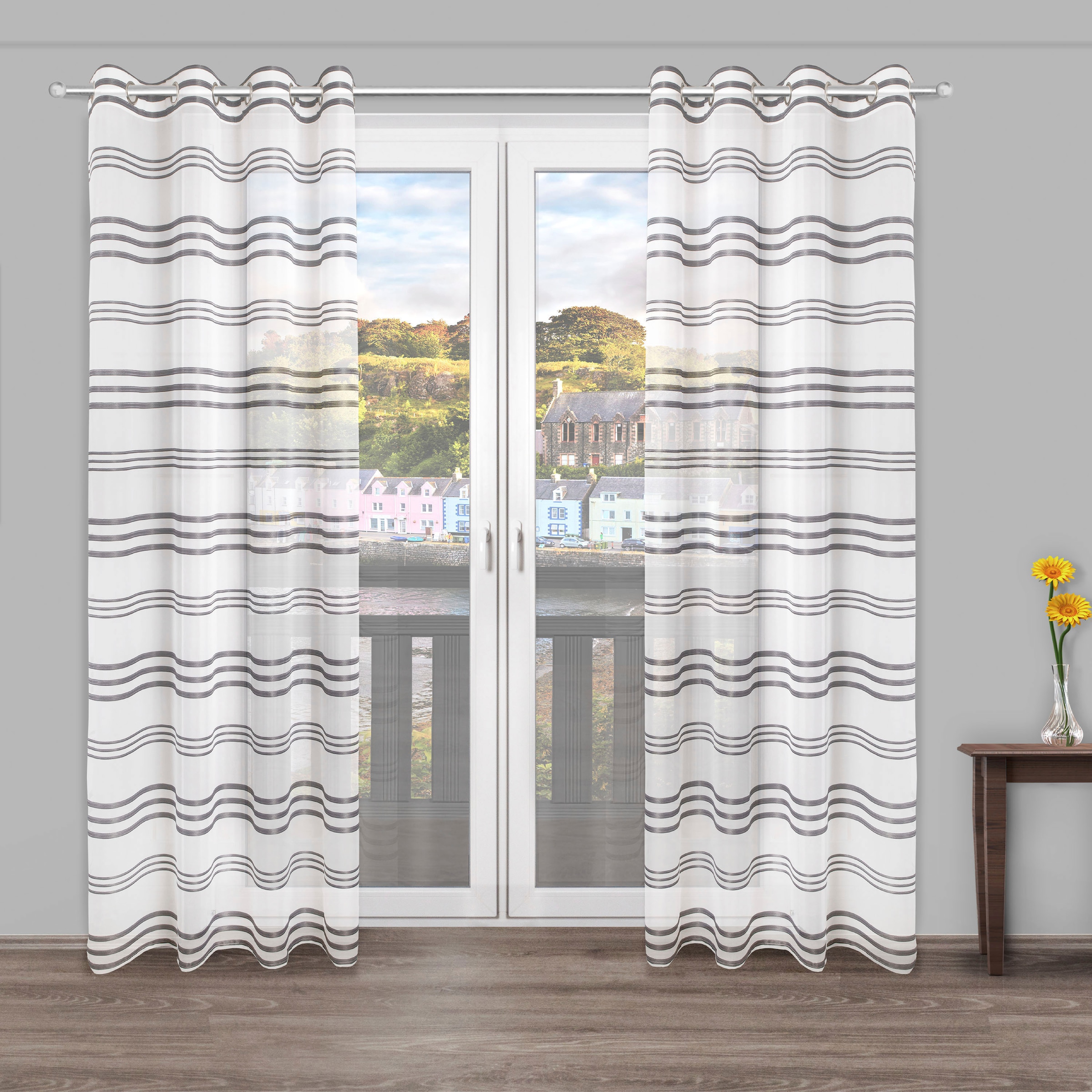 decolife Gardine "Nalu" Ösen 1 Stk. tlg. Ösenschal weiß mit grauen Streifen günstig online kaufen