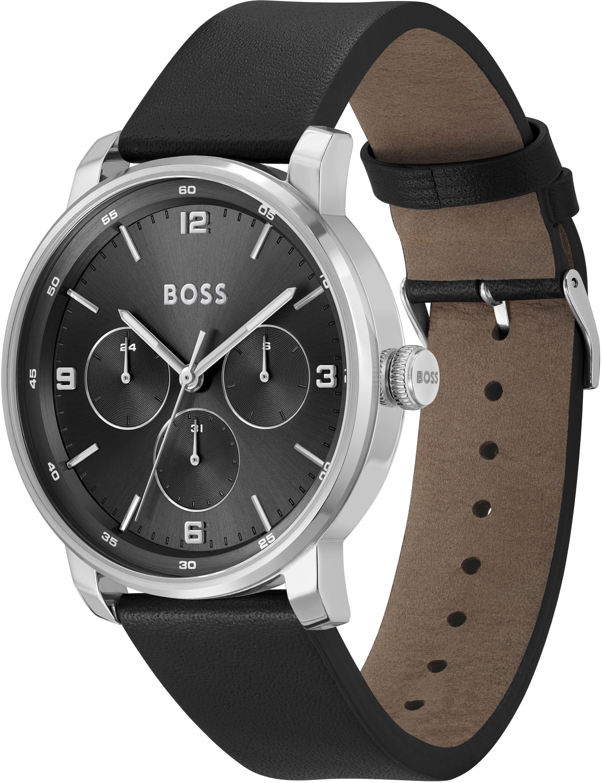 BOSS Multifunktionsuhr »CONTENDER«, Quarzuhr, Herrenuhr, Armbanduhr, Datum, Lederarmband