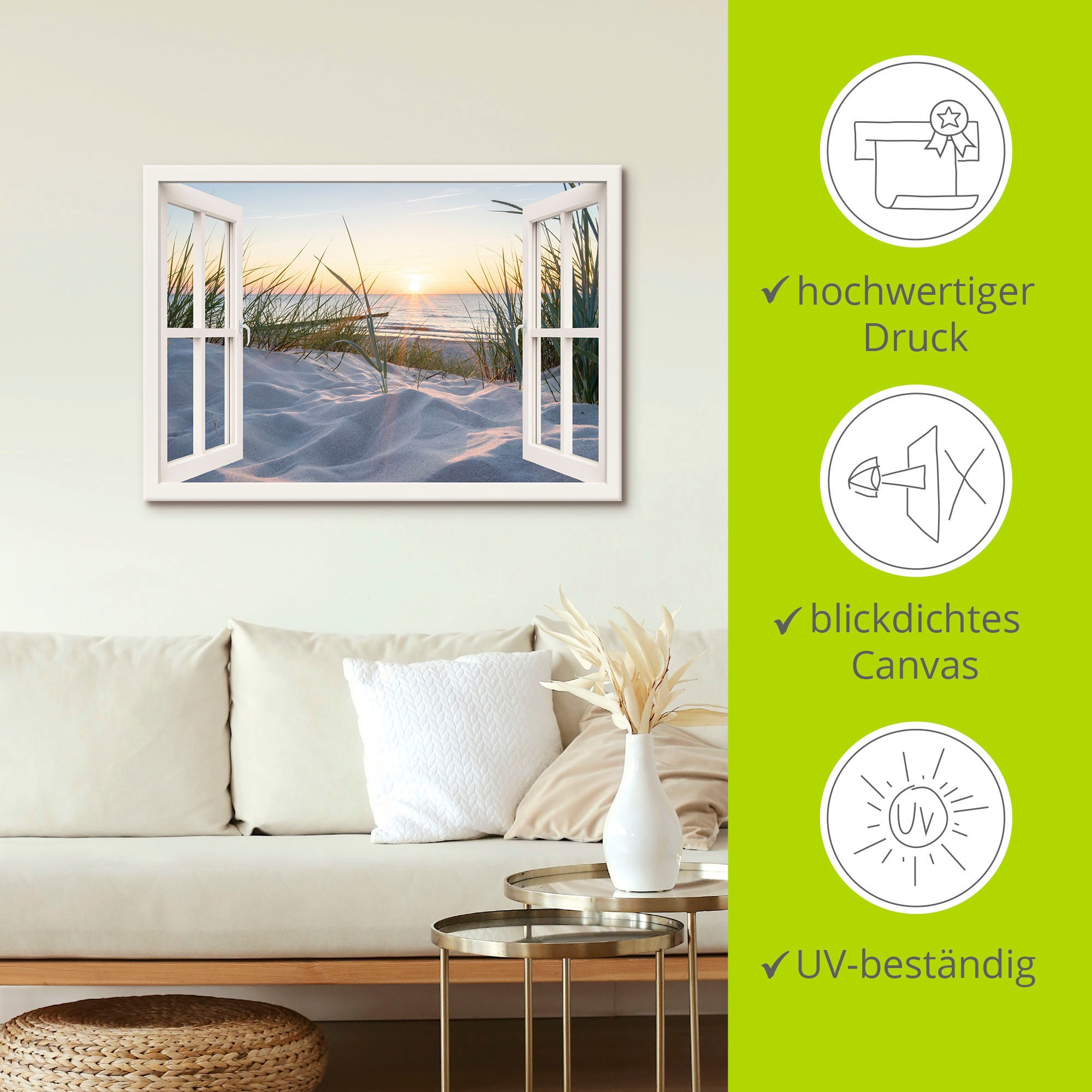 Artland Wandbild »Ostseestrand durchs Fenster«, Meer Bilder, (1 St.), als Alubild, Outdoorbild, Leinwandbild, Poster, Wandaufkleber