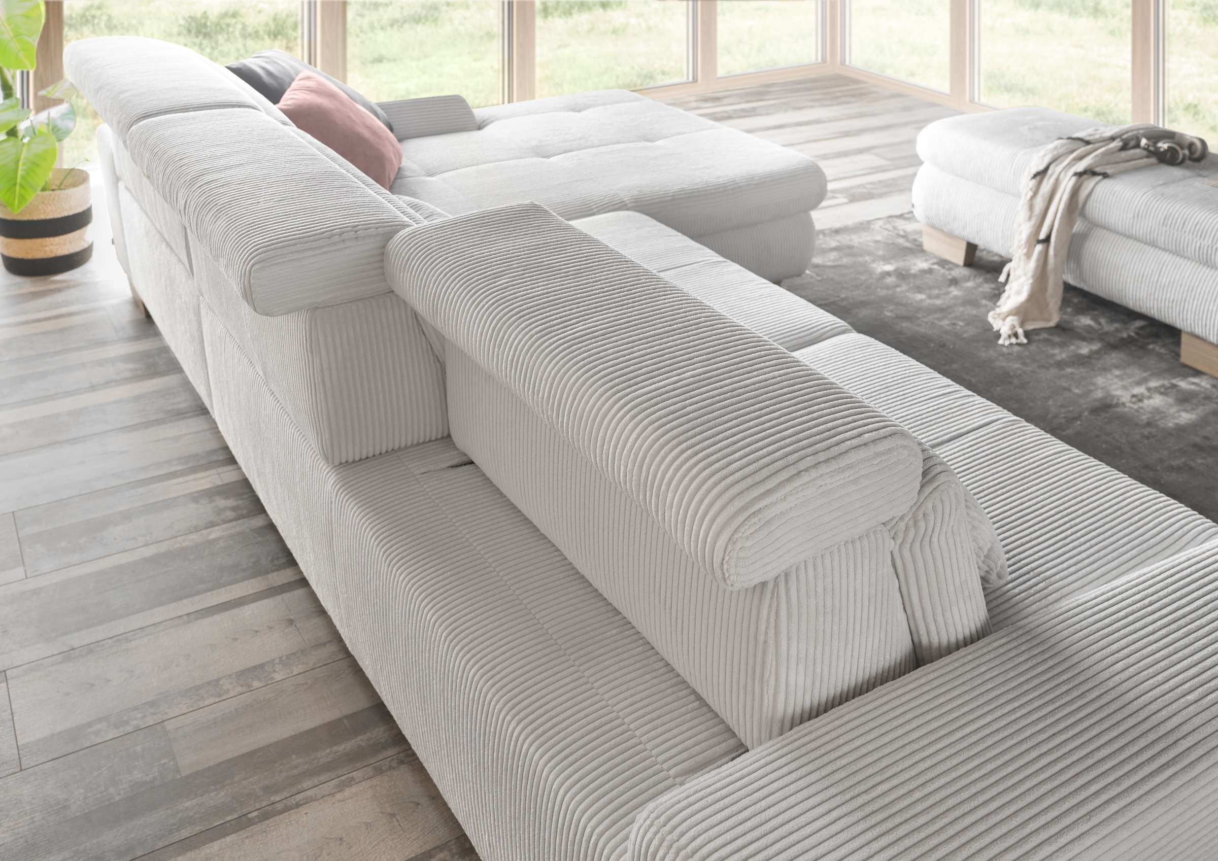 set one by Musterring Ecksofa »SO 3400 Sitzhöhe 47cm oder 49cm, Sitztiefe verstellbar, B/T: 307/195cm« whlw. mit Funktion, Kaltschaum, in Cord, silver, Sitzhöhe 47