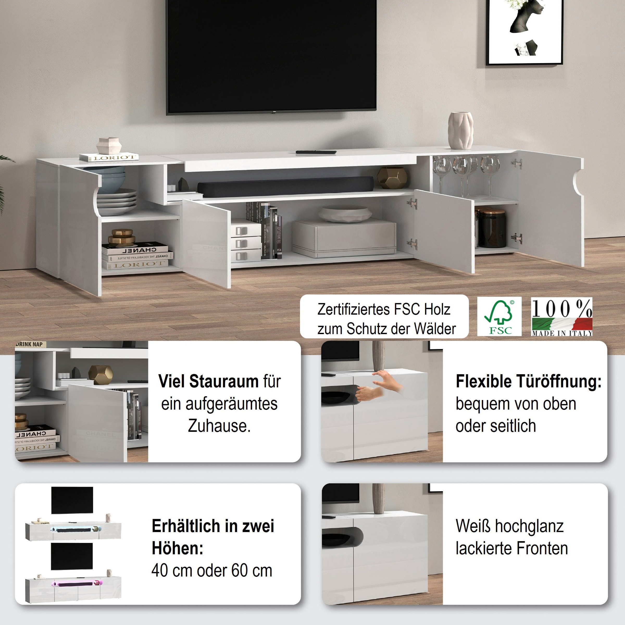 Thumbnail - INOSIGN Lowboard "REAL TV-Möbel, 240 cm breit, 40/60 cm hoch, Hochglanz oder matt" Mit 4 Türen, davon 2 abgerundet, die ...