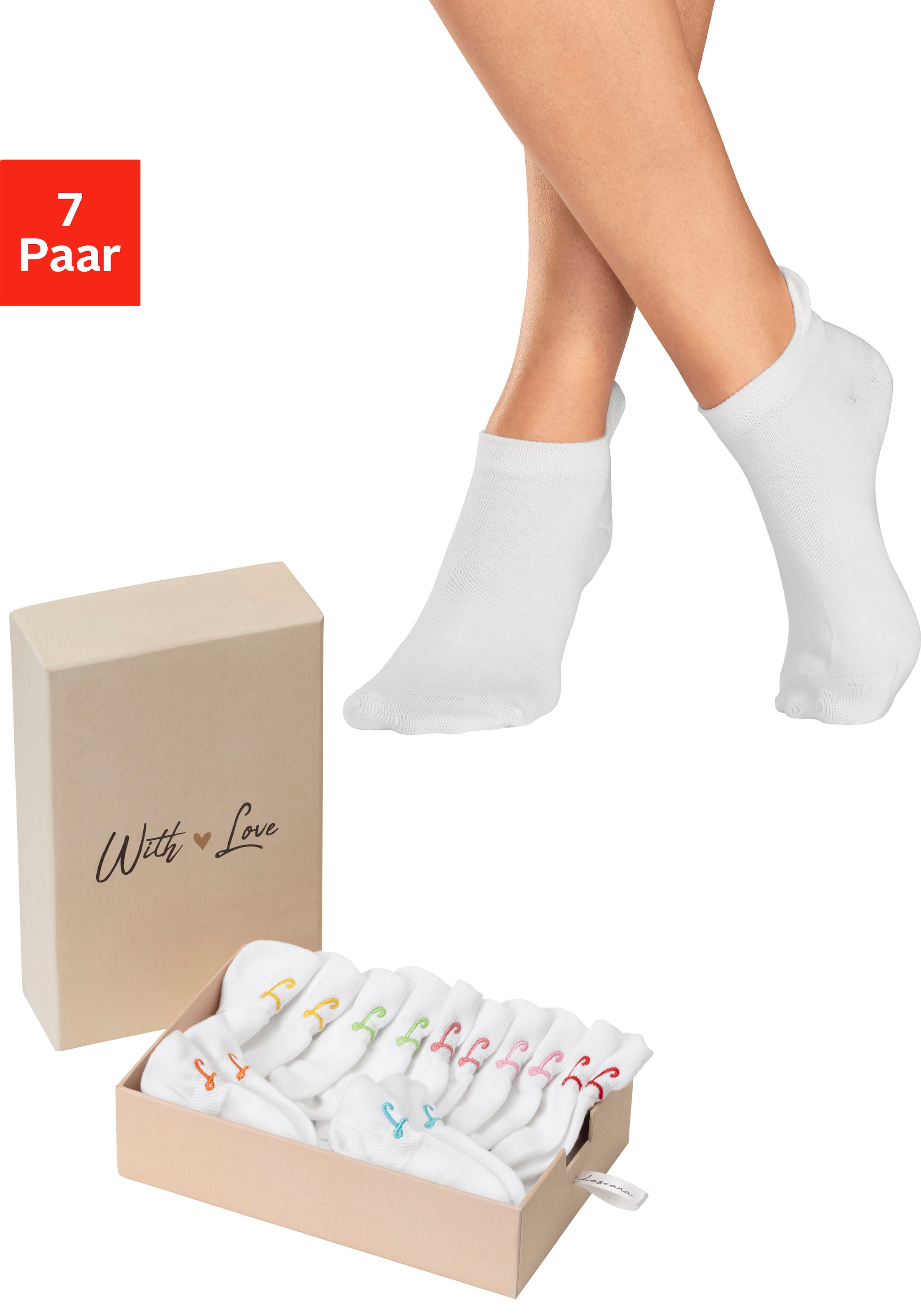 LASCANA Sneakersocken, (Box, 7 Paar, Box), mit kleiner Stickerei