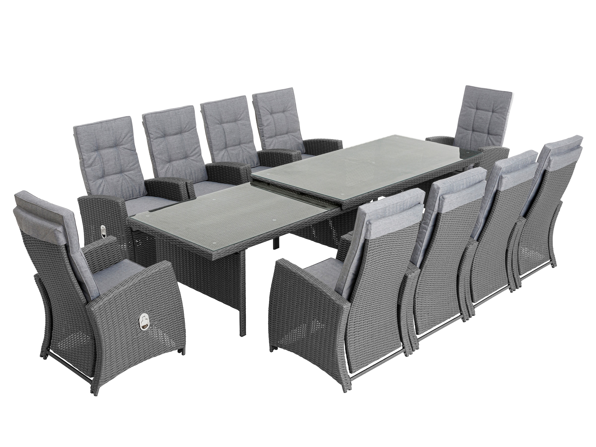 KONIFERA Garten-Essgruppe »»New Paris««, (Set, 31 tlg., 10 Sessel, Tisch ausziehbar Tisch 100x200-324,5x74 cm), Rückenlehne verstellbar, inkl. Auflagen