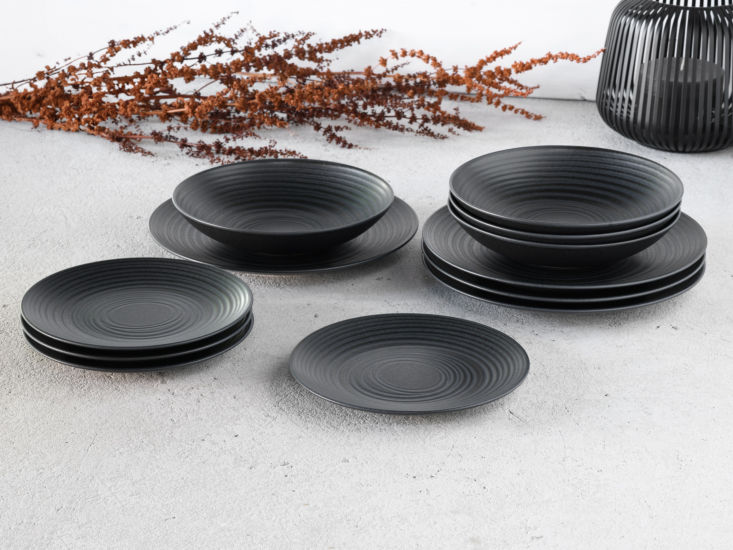 CreaTable Tafelservice »Geschirr-Set Lava Stone«, (Set, 12 tlg., Teller Set für 4 Personen), Service, schwarz, Reliefdekor, Made in Europe, 12 Teile für 4 Personen