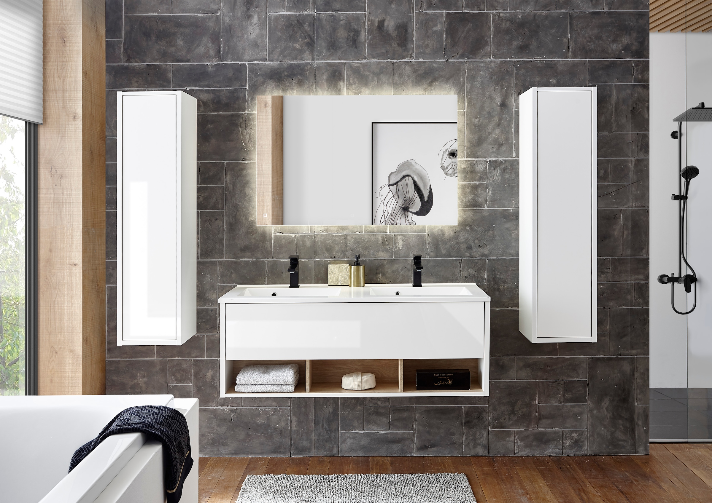 Places of Style Badmöbel-Set »Studio Line, Bad im modernen Design, 4-teiliges Badezimmer«, (4 St.), Schrank, Waschtisch und Spiegel, in zwei Farben verfügbar, Stauraum