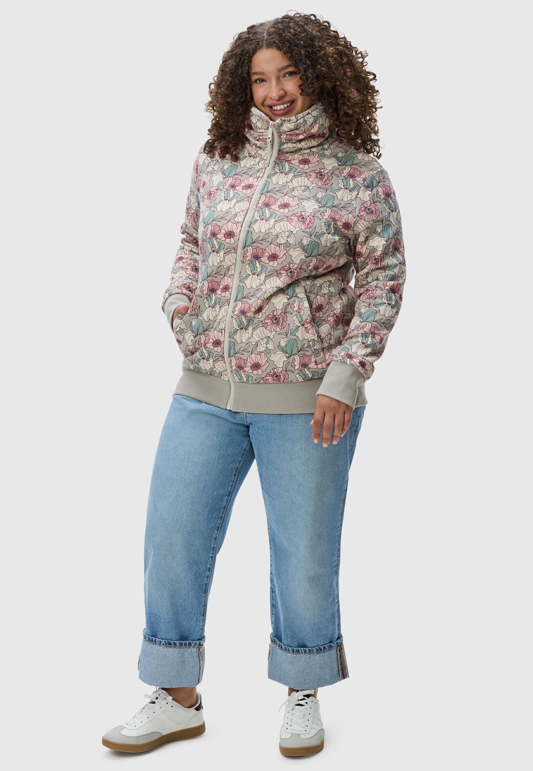 Ragwear Sweatjacke »Izolda Plus«, Nachhaltiger Zipper mit hohem Kragen und Blumenmuster