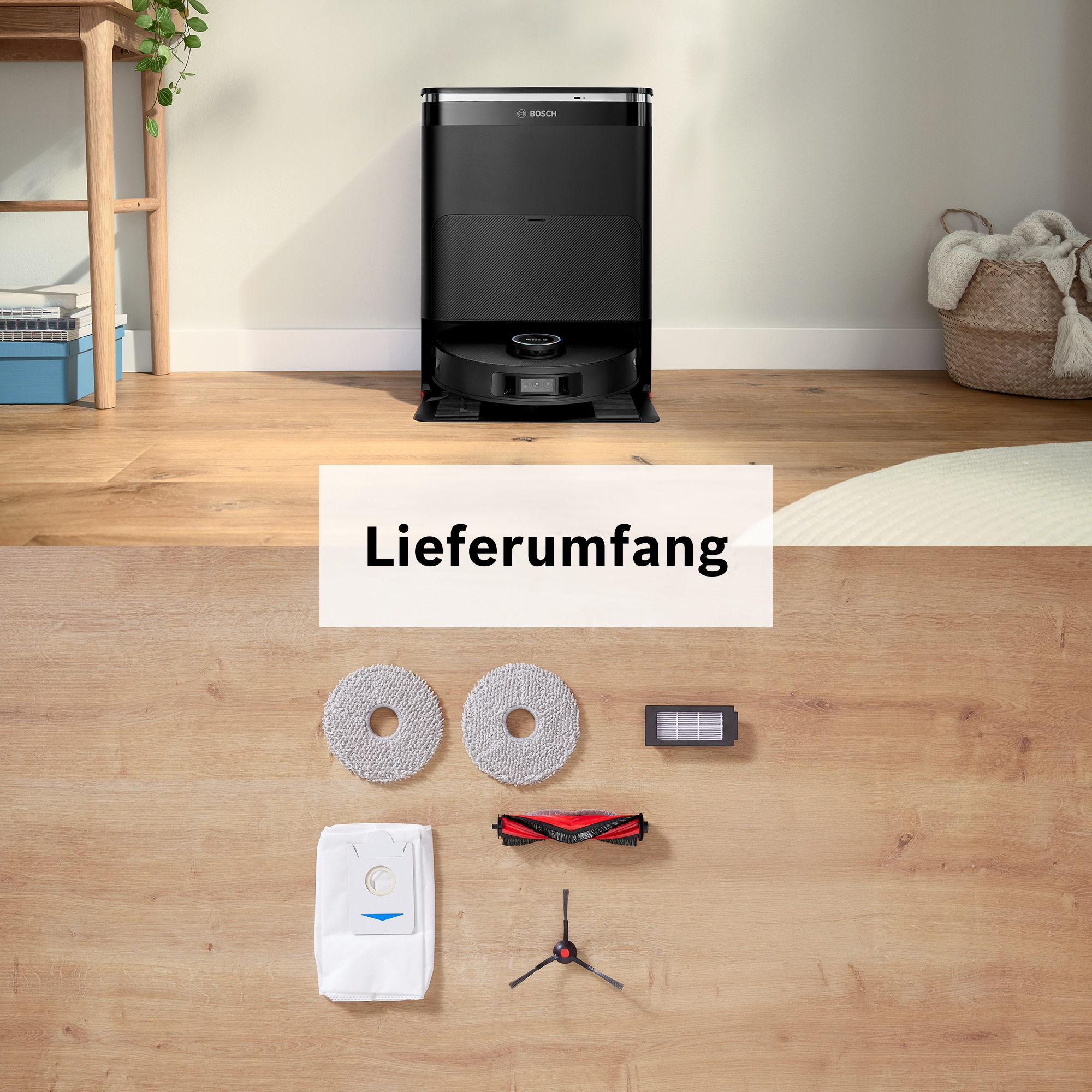 BOSCH Saugroboter »Spotless Max Cam BCRDW3BX, rotierende Wischpads, 70°C Selbstreinigung«, Datensicherheit, 11.000 Pa Saugkraft, Absaugstation, Kamera