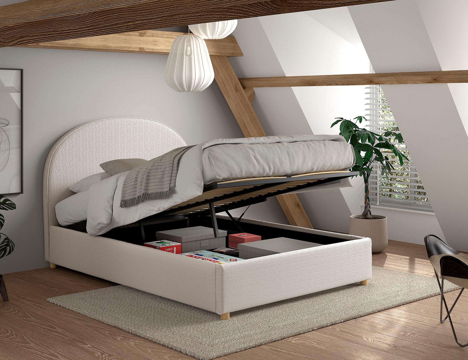Vipack Boxbett »Moon, mit Lattenrost und Stauraum, modernes Design«, (gerundetes Kopfteil und in 2 Breiten erhältlich), inkl. Massivholz Füßen in natur, 3 Stoff Farben zur Auswahl
