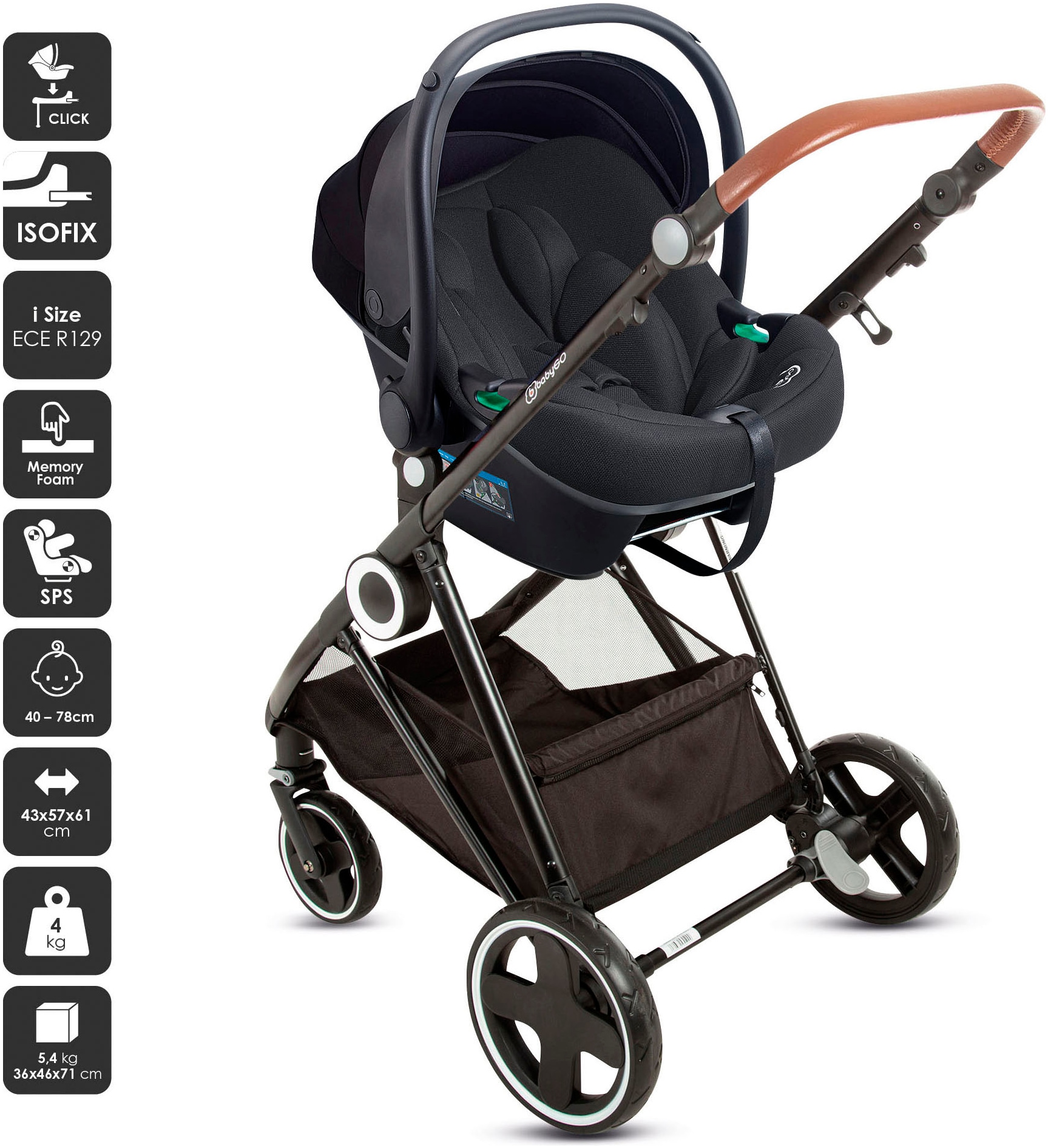 BabyGo Kombi-Kinderwagen »Halime 3in1«, inklusive Babywanne, Babyschale, Regenhaube & Wickeltasche