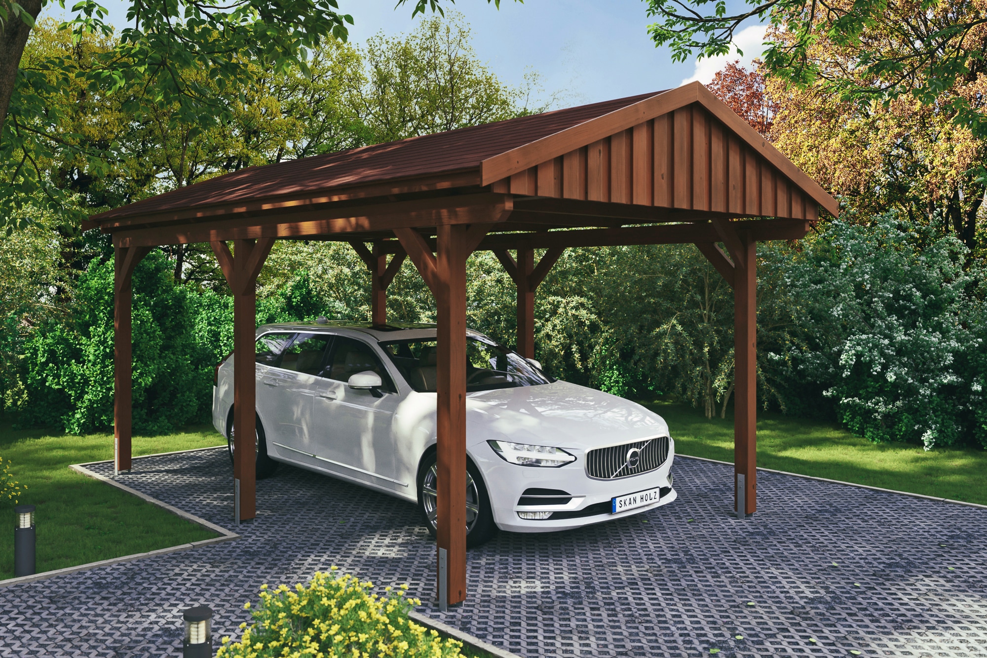 Skanholz Einzelcarport "Fichtelberg" Leimholz braun mit roten Schindeln