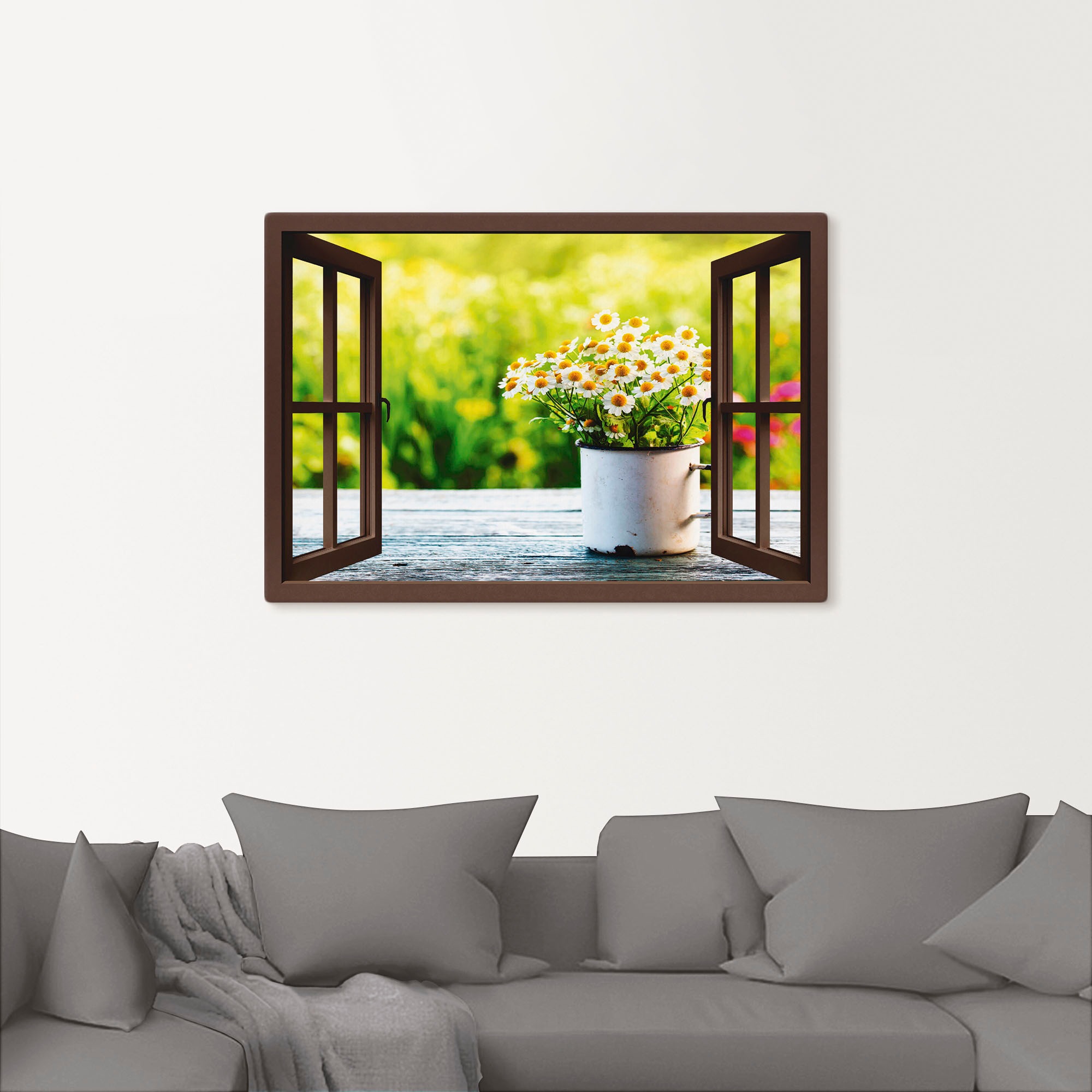 Thumbnail - Artland Wandbild "Fensterblick Garten mit Gänseblümchen", Blumen, (1 St.), als Alubild, Outdoorbild, Leinwandbild in ver...