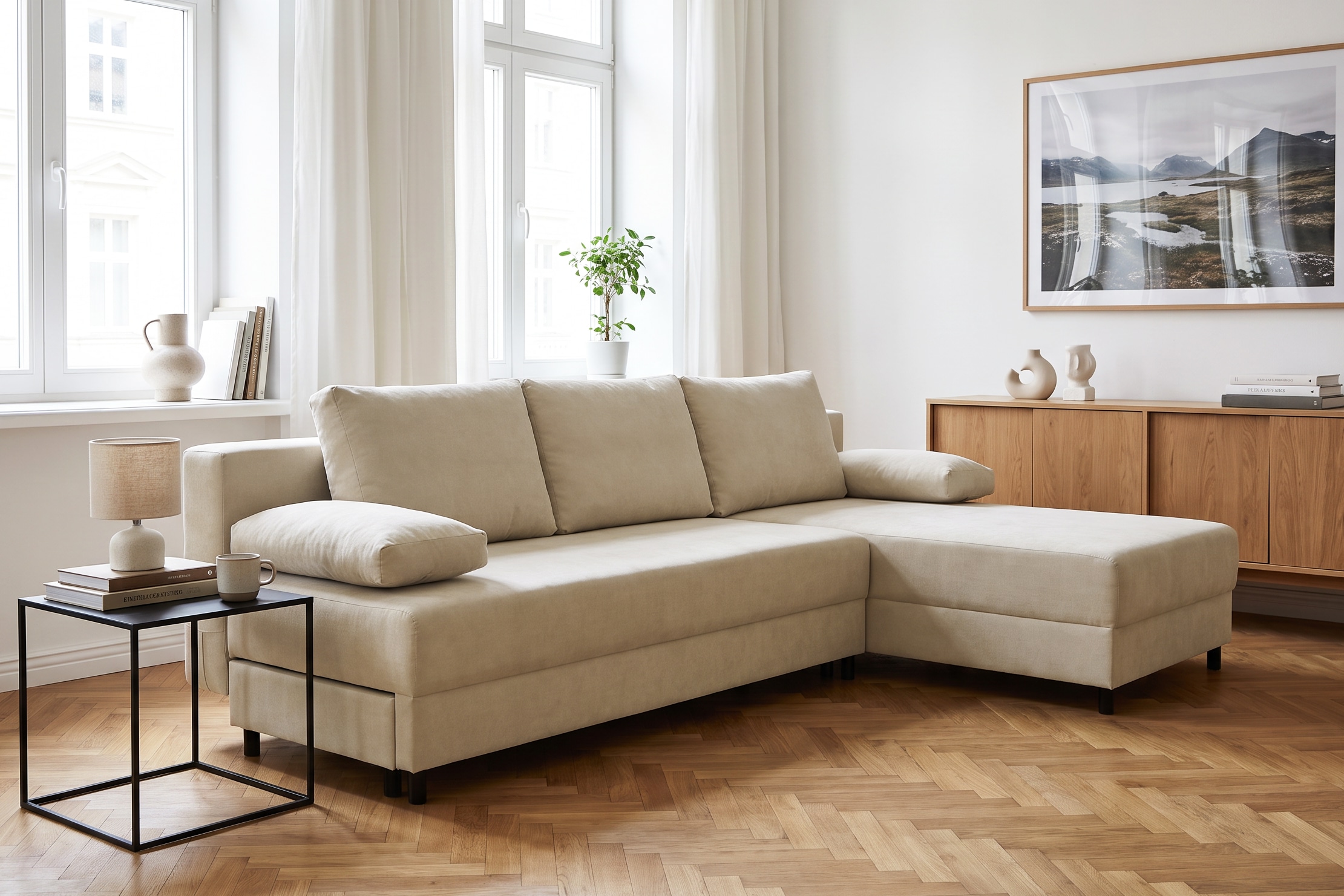 OTTO home Schlafsofa "ONNIKO Ecksofa L-Form, Breite: 240 cm, Feinstruktur-Bezug" mit Bettfunktion & Bettkasten (Liegefläche 120 cm / 240 cm)