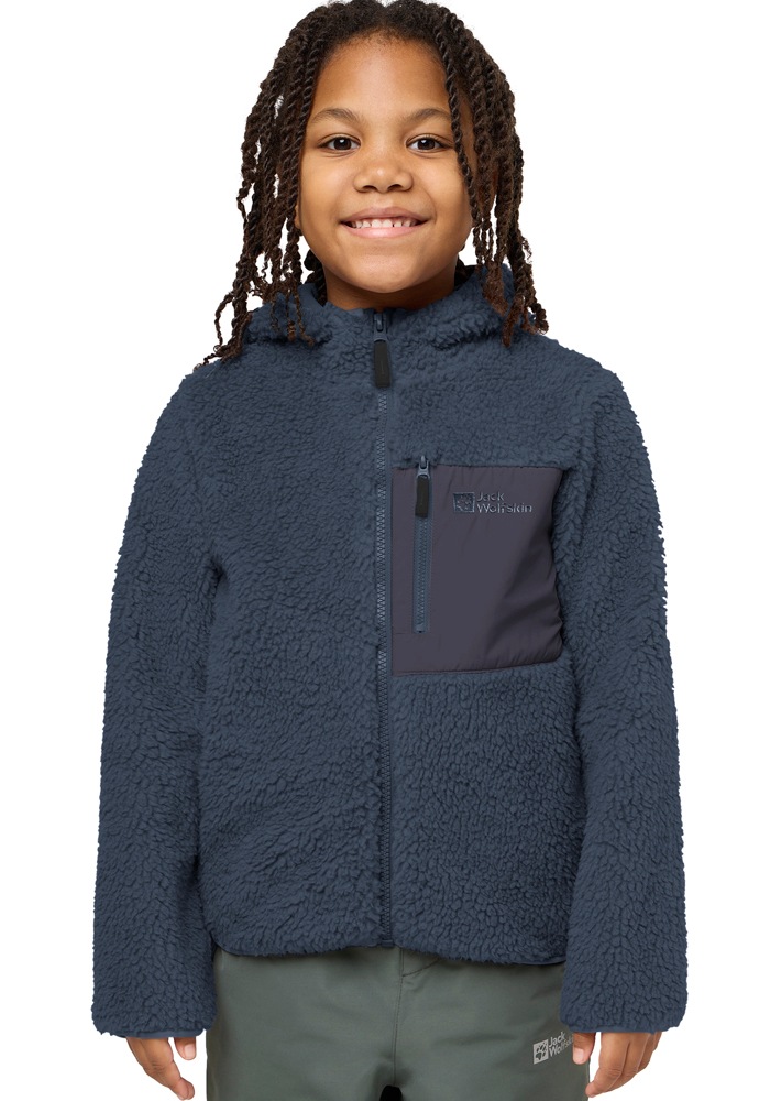 Fleecejacke JACK WOLFSKIN "ICE CURL HOOD JACKET K", Kinder, Gr. 92, blau (midnight sky), Fleece, Obermaterial: 100% Polyester, normal, hoch geschlossener Ausschnitt, eingesetzt eingefasste Kante, Jacken Fleecejacke, Übergangsjacke mit Kapuze, mit Brusttas