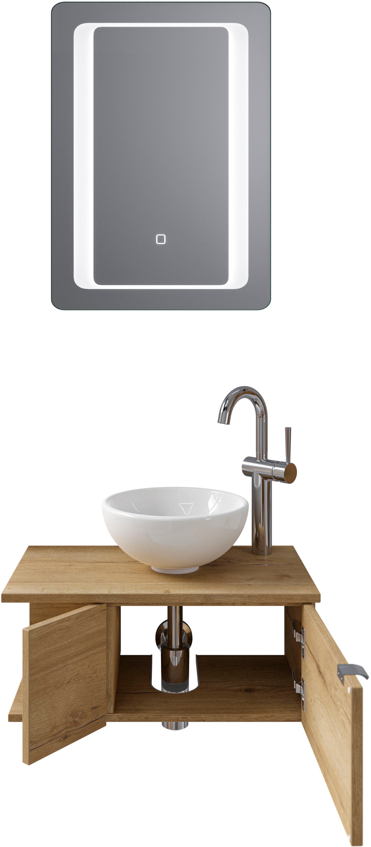 Saphir Badmöbel-Set »Serie 6915«, (4 St.), Gäste-Bad, 61 cm breit, mit LED-Spiegel, offenem Fach und 2 Türen
