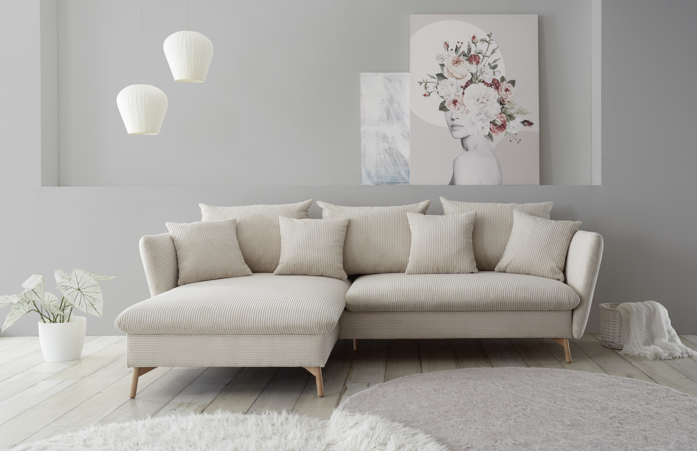 andas Ecksofa »MERLE, 258 cm, L-Form, traumhafter Cord,«, mit Bettfunktion und Bettkasten, Liegefläche 224 x 139