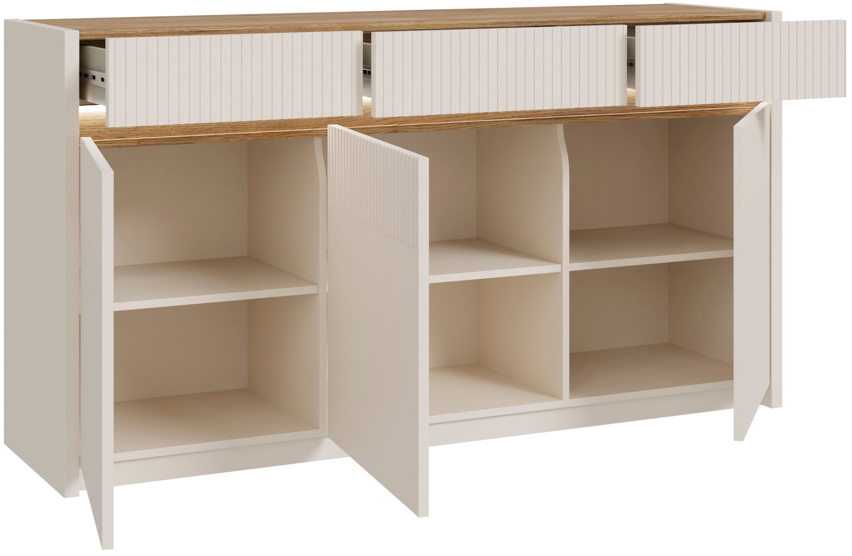FORTE Sideboard »Oak Square«, Sideboard, Beleuchtung, Soft Close, Lamellenoptik